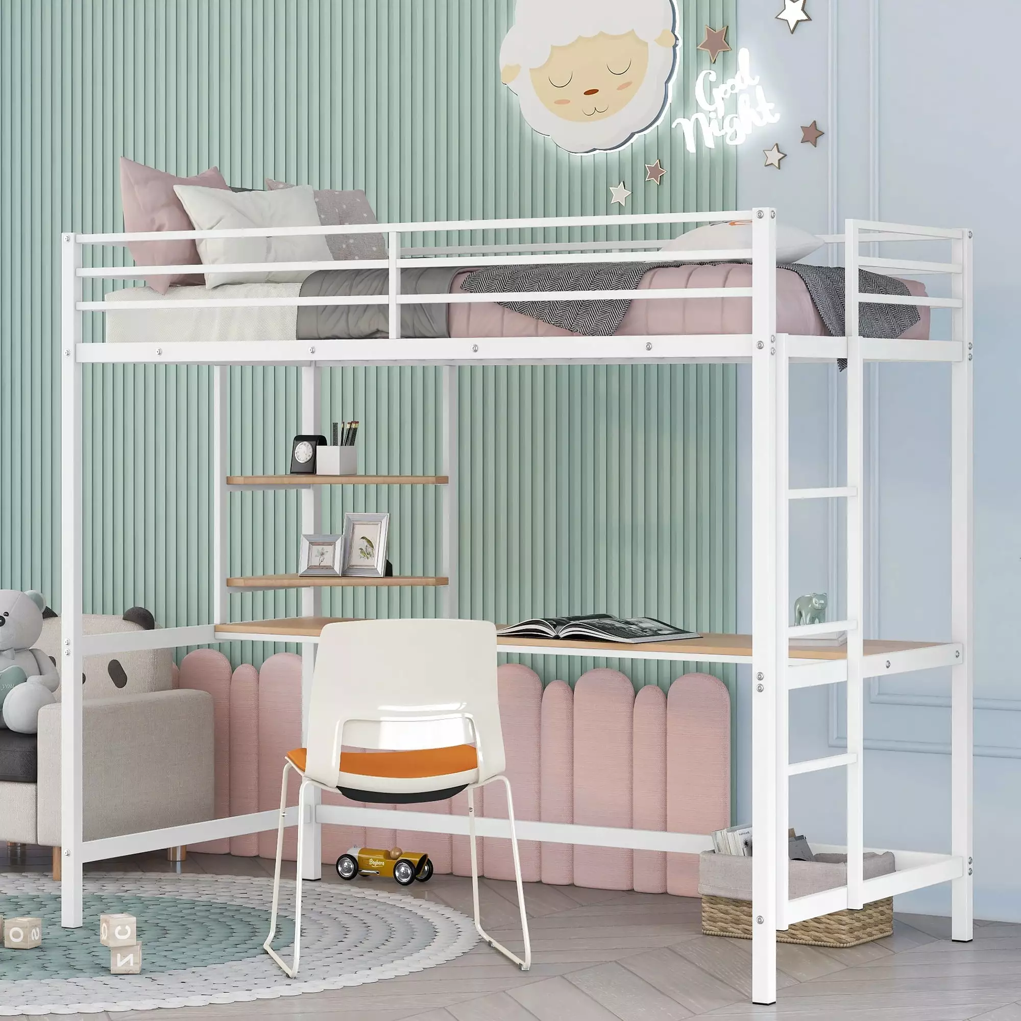 Kumji Twin Loft Bed Desk and Shelves Metal Frame Kids Teens White
