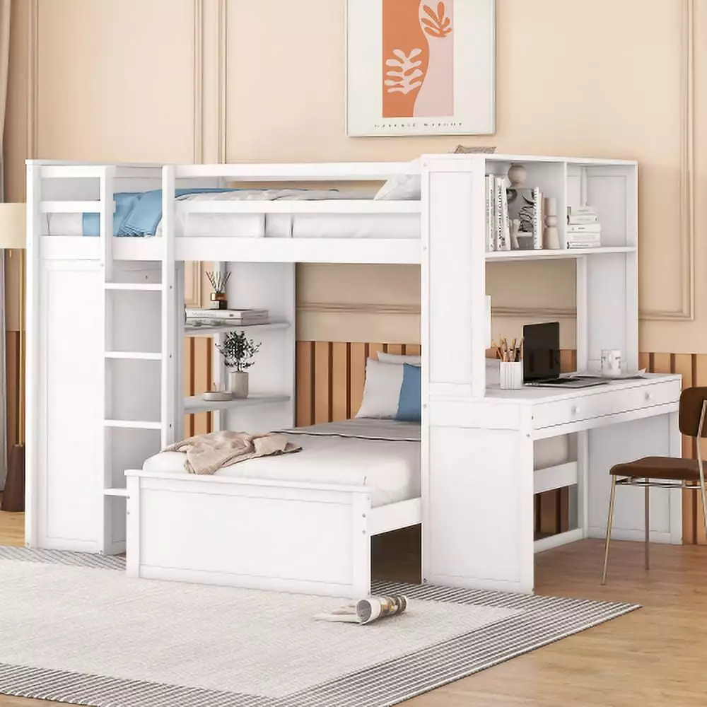 Full Size Loft Bed Twin Stand-Alone Bed Shelves Desk Wardrobe White 21AAK - Multi-Functional Space Saving Loft Bed Mikeor
