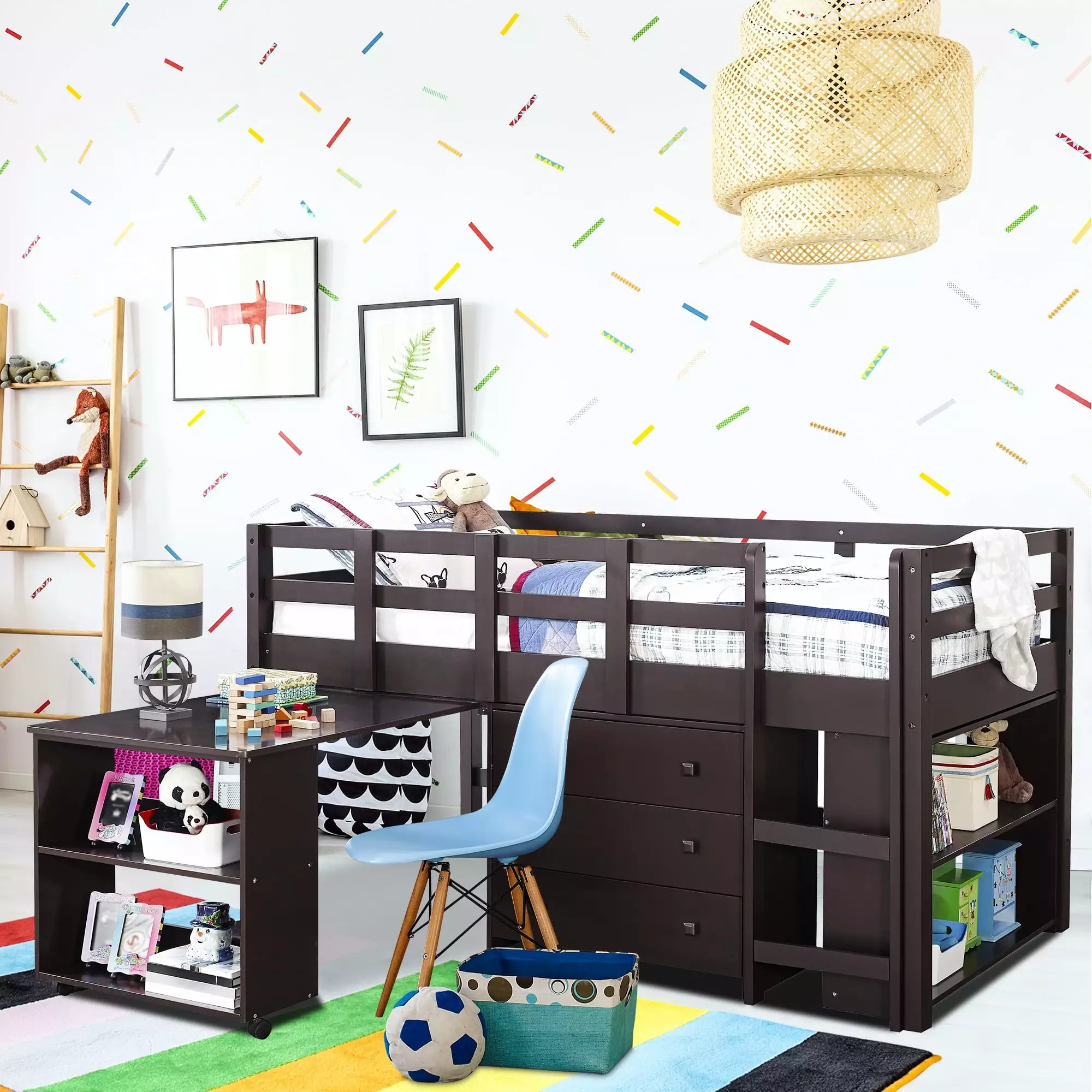 Home Imports Emporium Twin Size Loft Bed Desk and Storage Pine Wood Study Loft Bed Kids Naomi Home