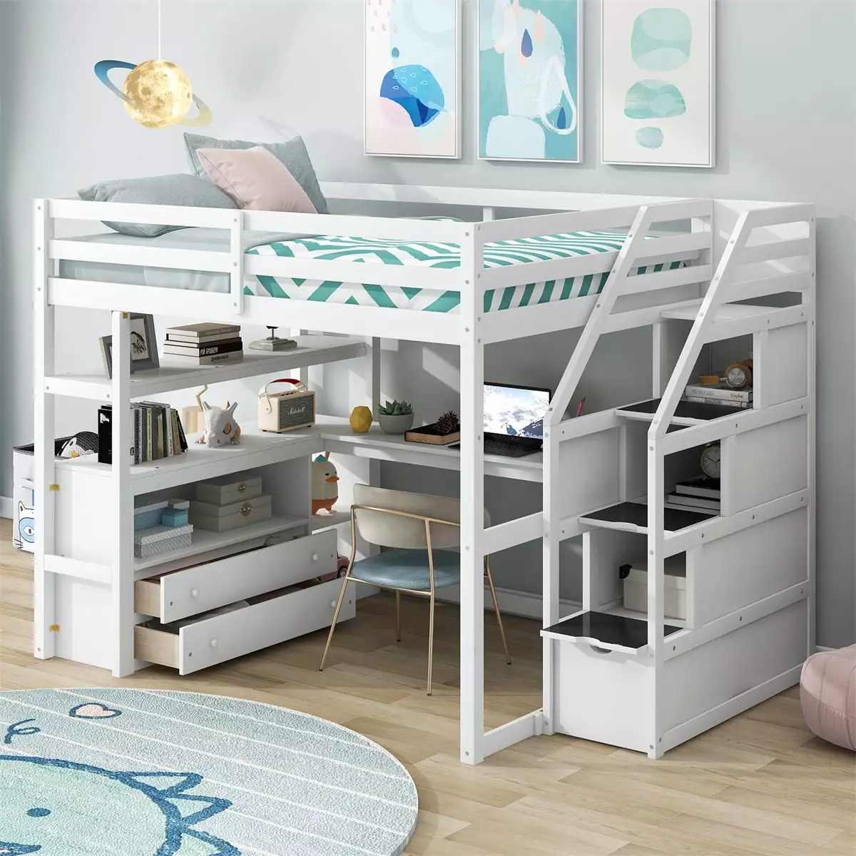 Wooden Loft Bed Desk Shelves and Two Built- Drawers Full Size Loft Bed Frame Storage Staircase and Protectty Guardrail Sol...