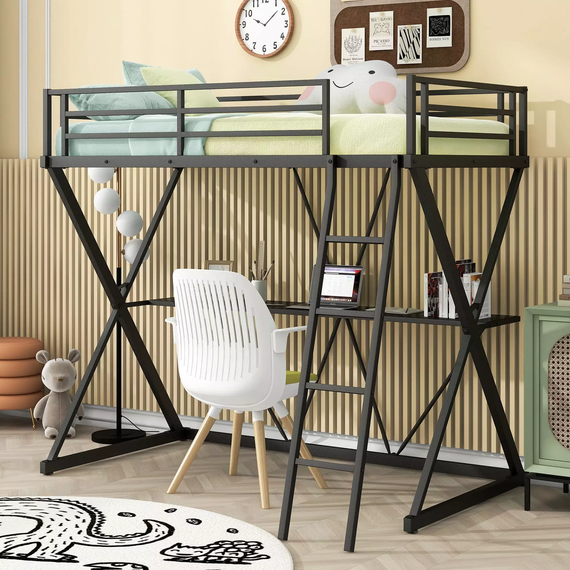 Euroco Steel Twin Loft Bed Desk and Ladder - X-Shaped Black Frame Kids Teens