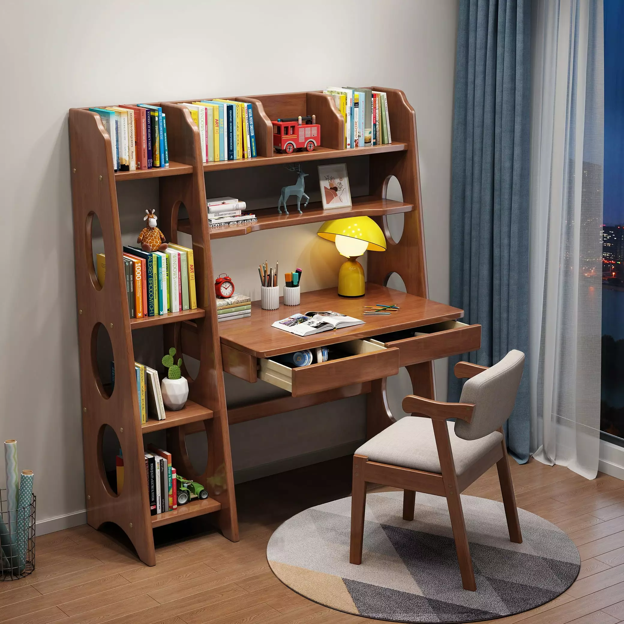BALANBO Kid's Desk and Chair Set Drawers Bookshelf Wooden Learning Computer Workstation Brown