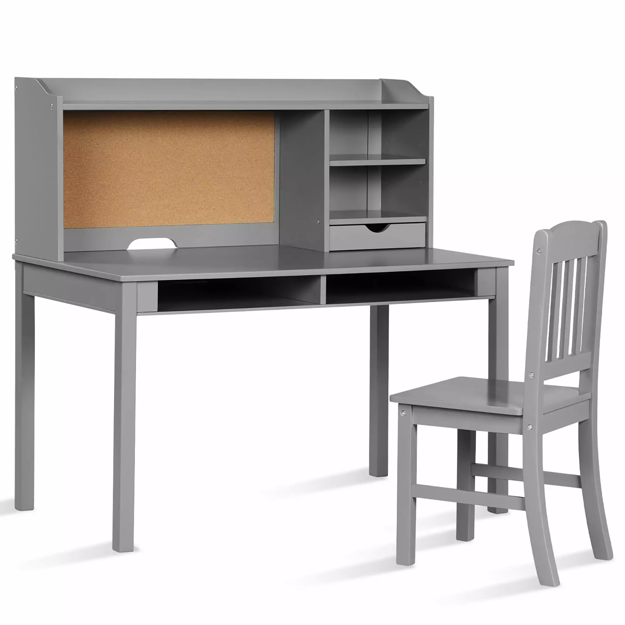 Costway Kids Desk & Chair Set Hutch Bookshelves Grey Study Writing Table