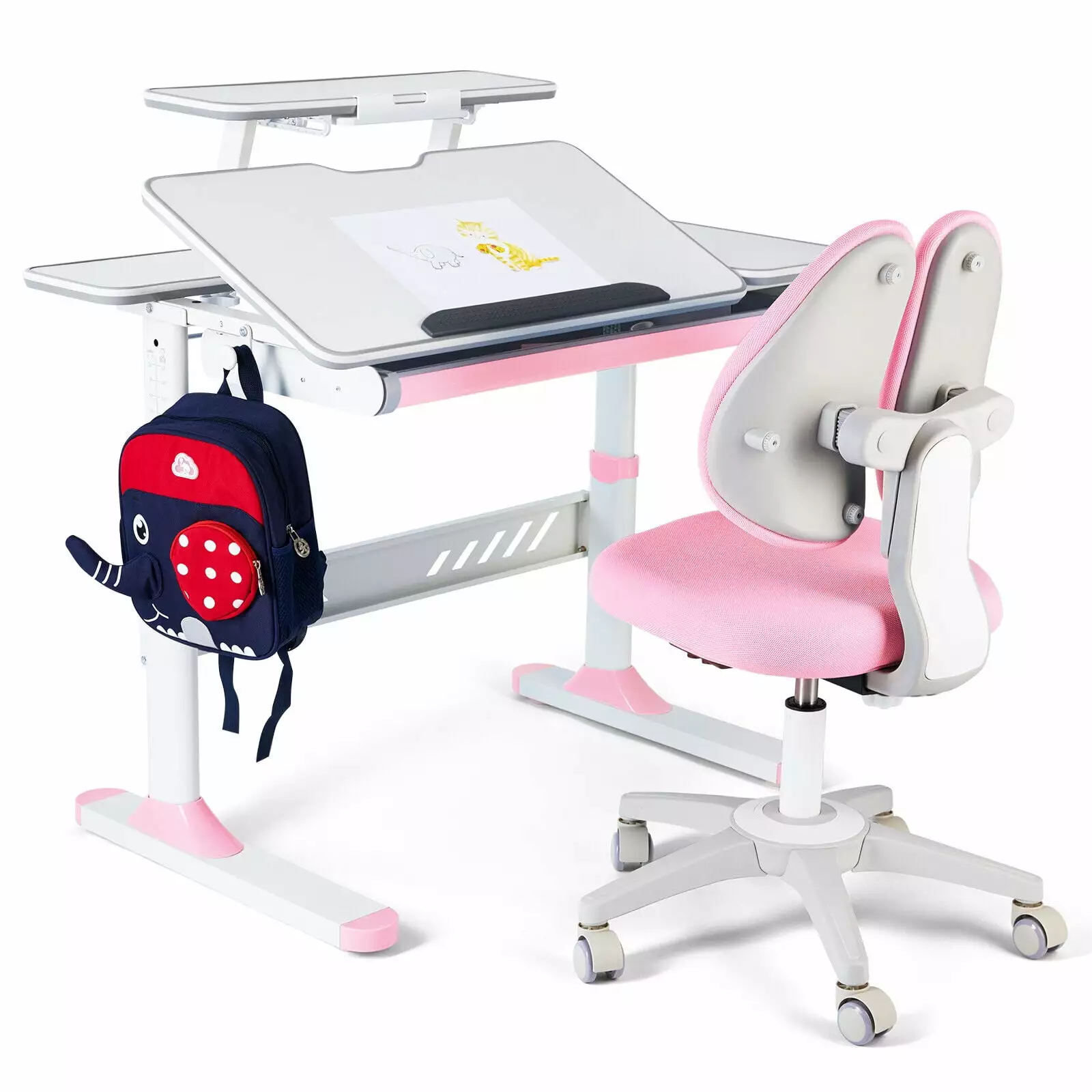 COSVALVE Luxury Kids Study Desk and Chair Set Ergonomic Adjustable Large Writing Board and Bookstand Pink