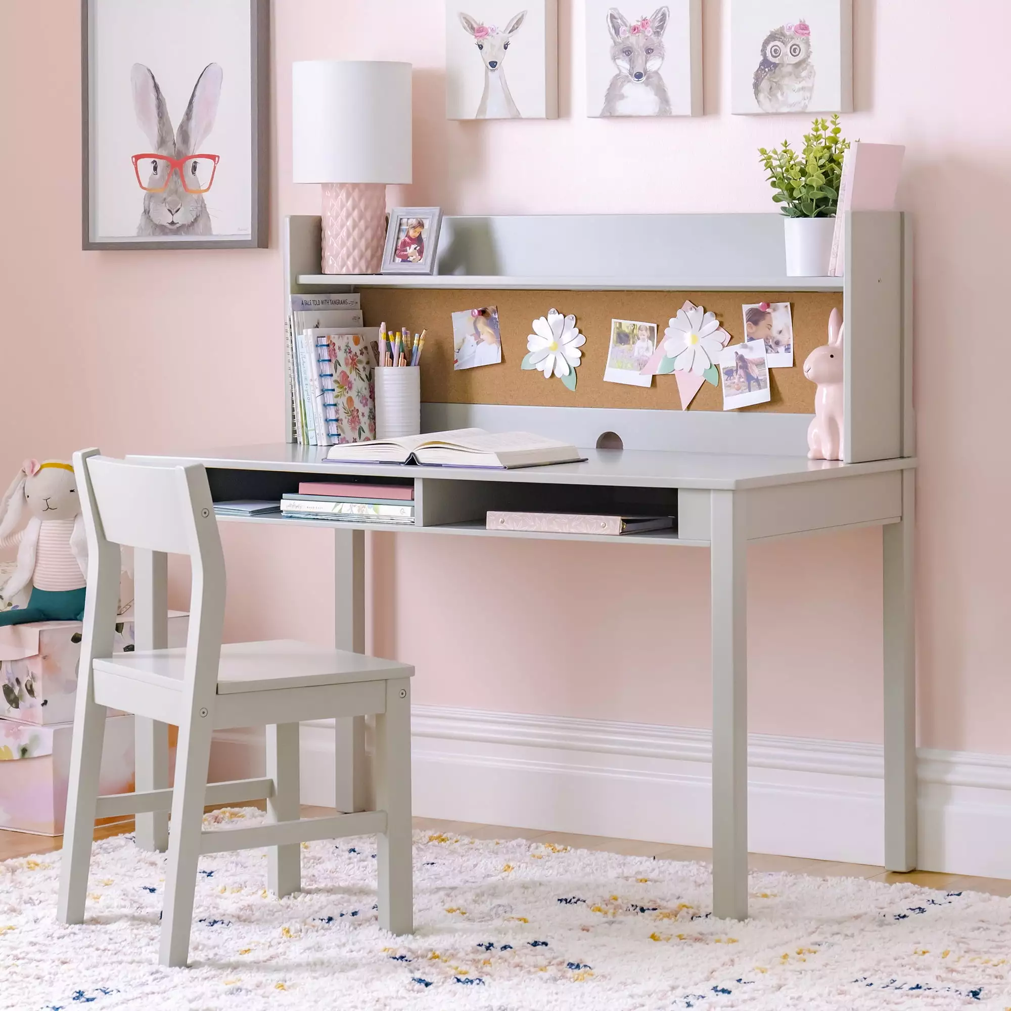 Martha Stewart Kids' Desk Hutch and Chair Sharky Gray Wooden Study Table Storage Cubbies Bedroom or Office Guidecraft