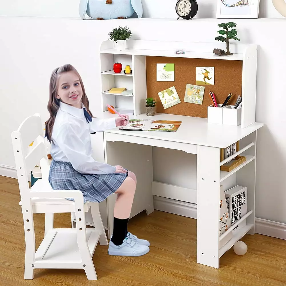 Study Desk and Chair Set Kids Bookshelf Bulletin Board and Cabinets White Learning Table Boys and Girls Ages 3-8 Sainspeed