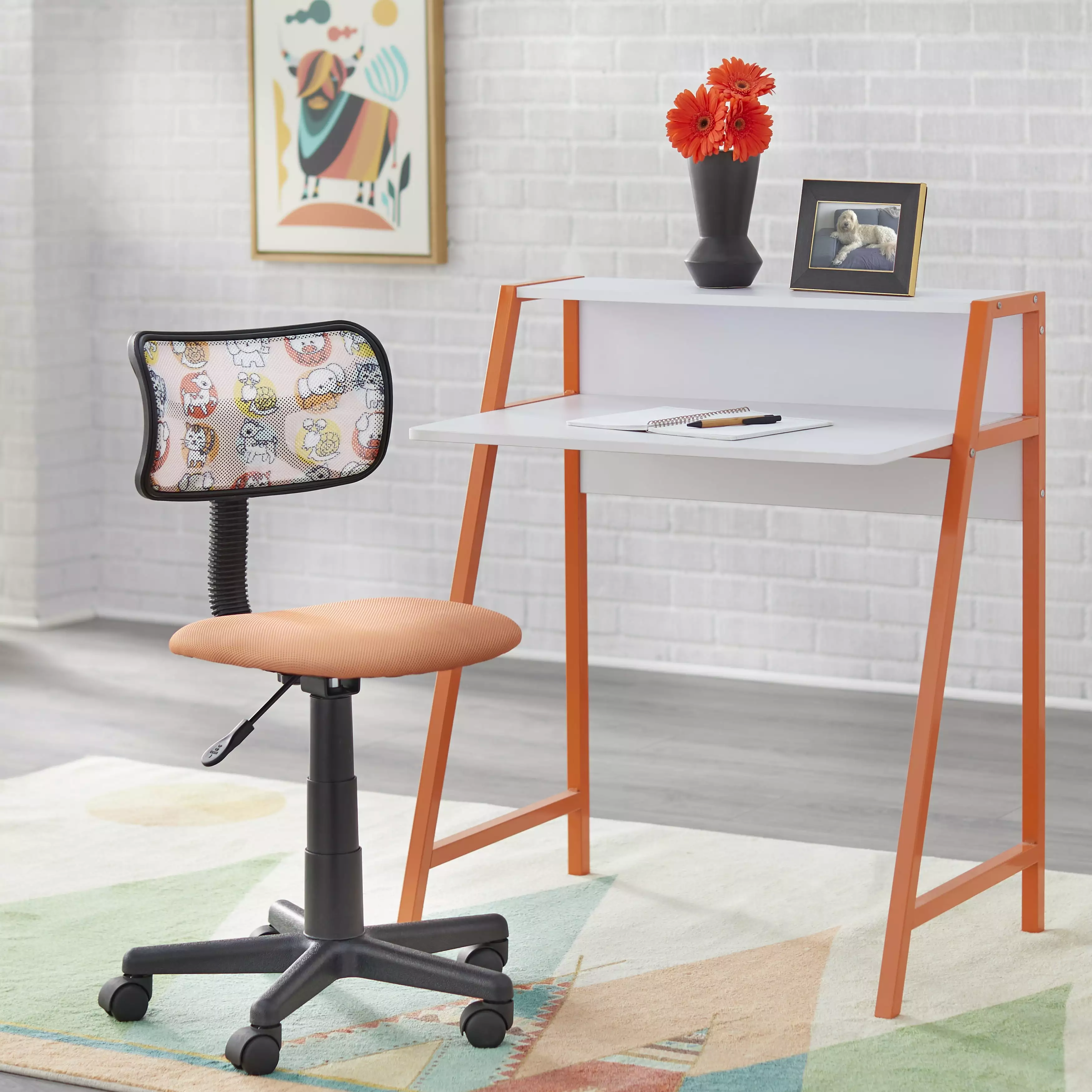 TMS Focus Kids Metal Frame Desk and Swivel Chair Set Orange White Study Table