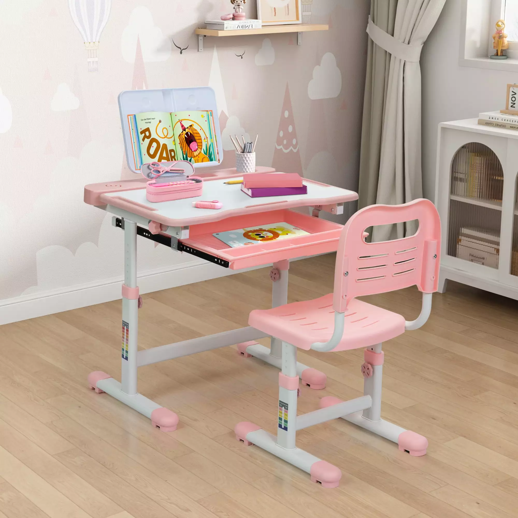 Tobbi 27.5 Inch Kids Desk and Chair Set Height Adjustable Tilt Desktop and Pull-Out Drawer Pink