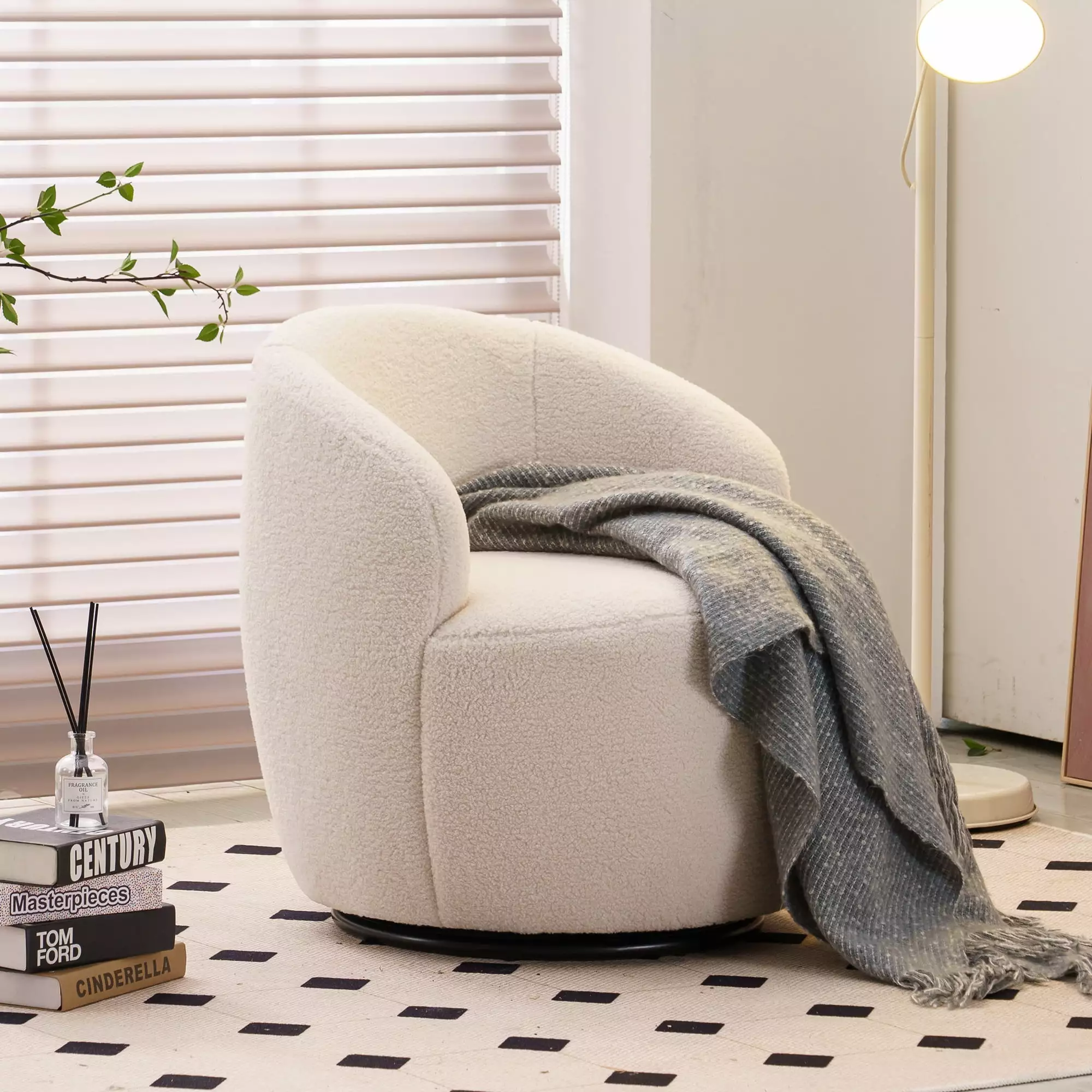 Swivel Accent Chair Modern Teddy Fabric Upholstered Armchair Lounge Chair Metal Base and Padded Cushion Comfy Single Sofa ...