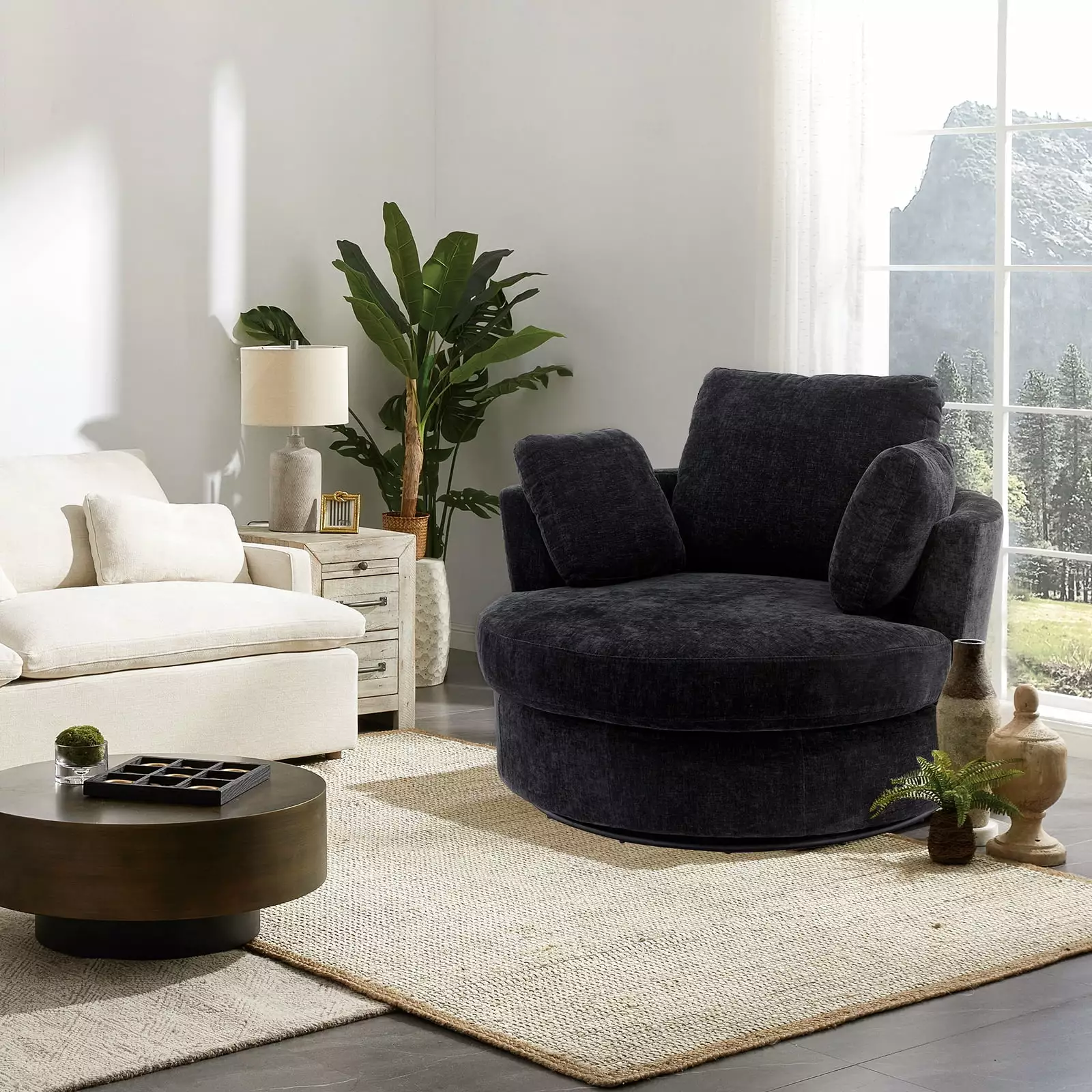 Muumblus 42.2W Chenille Swivel Chair Oversize Armchair Living Room Black