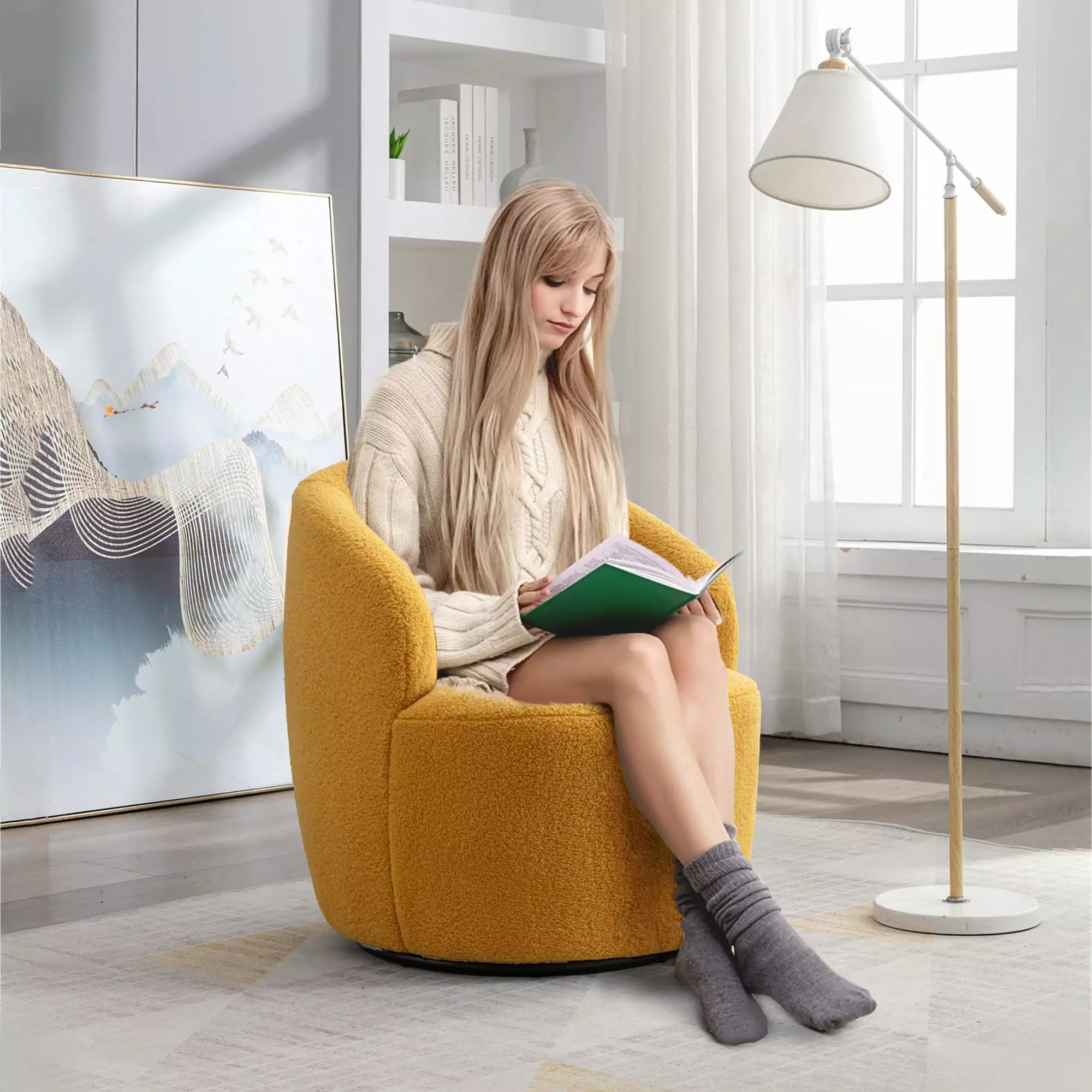 Muumblus Yellow Sherpa Swivel Accent Chair Living Room Round Barrel Armchair