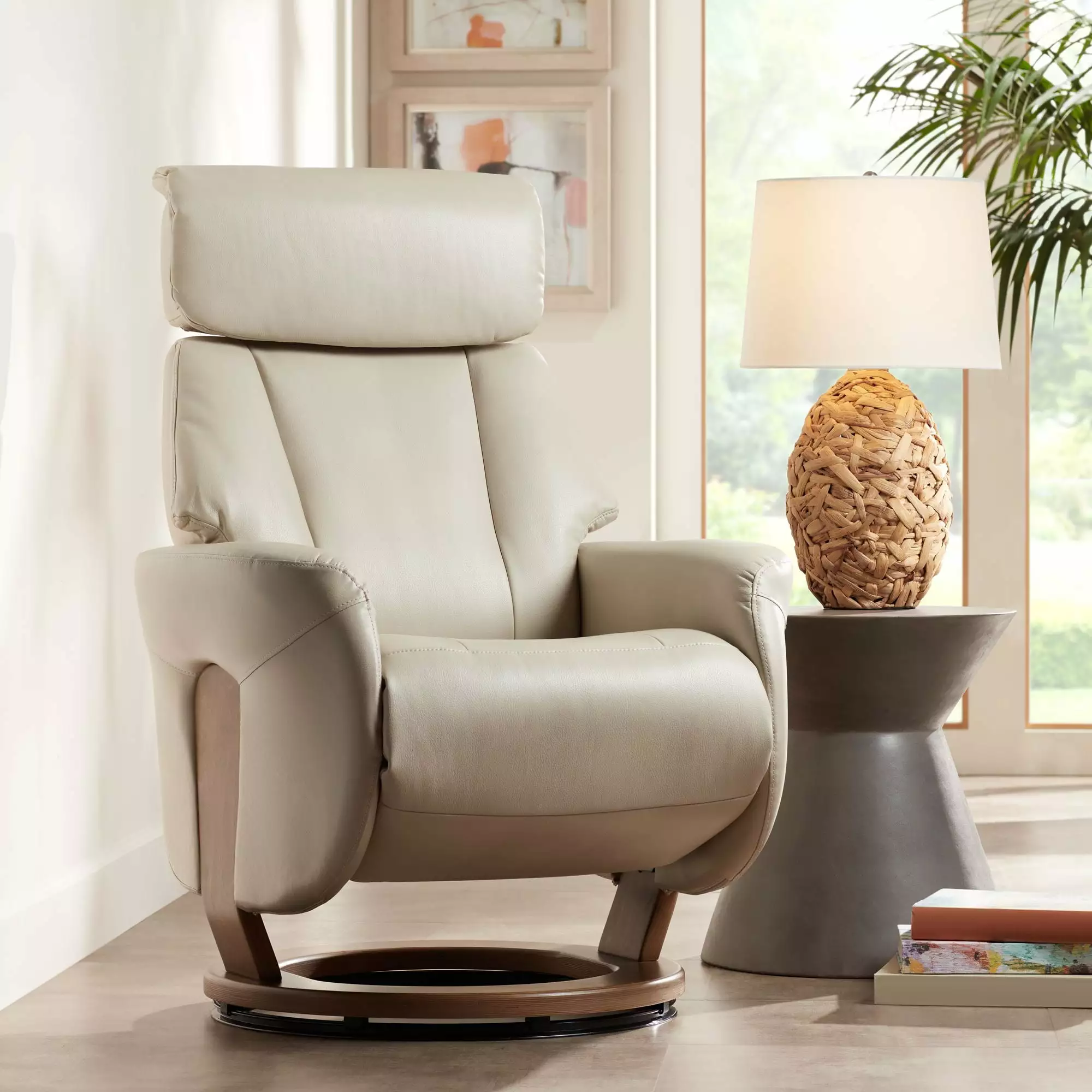 BenchMaster Taupe Faux Leather Swivel Recliner Chair Manual Reclining and Footrest Living Room