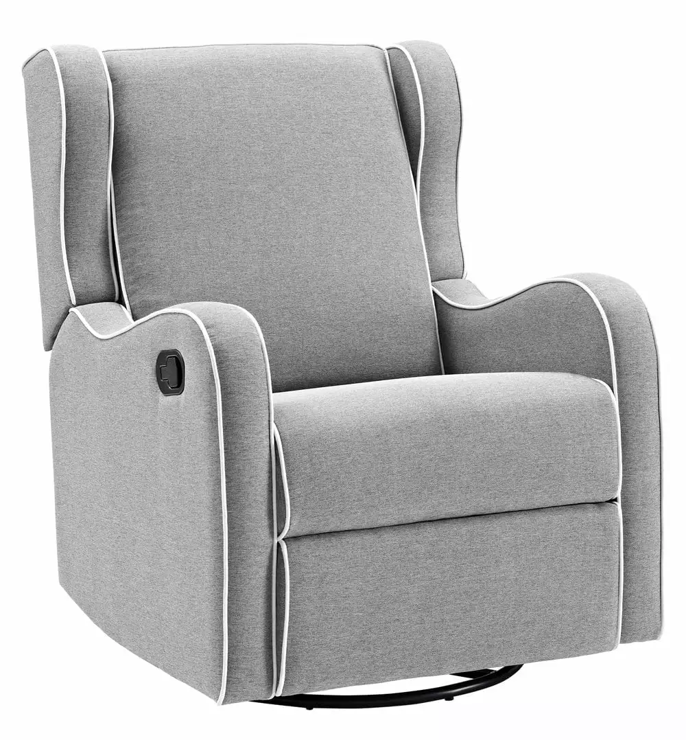 FJU Rebecca Upholstered Swivel Gliding Recliner Gray Linen White Piping Living Room