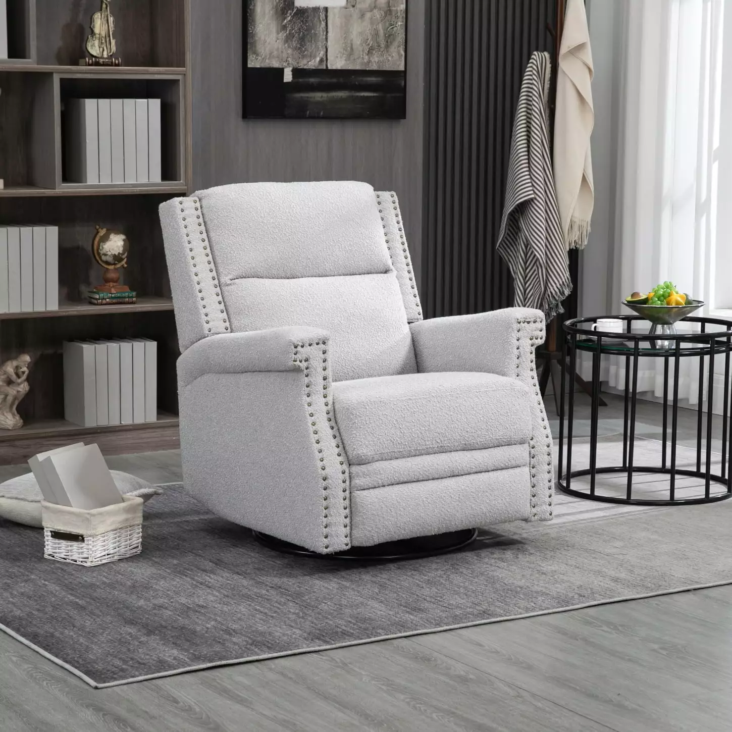 Gray 360 Degree Swivel Recliner Chair Soft Boucle Material HATNOKIL