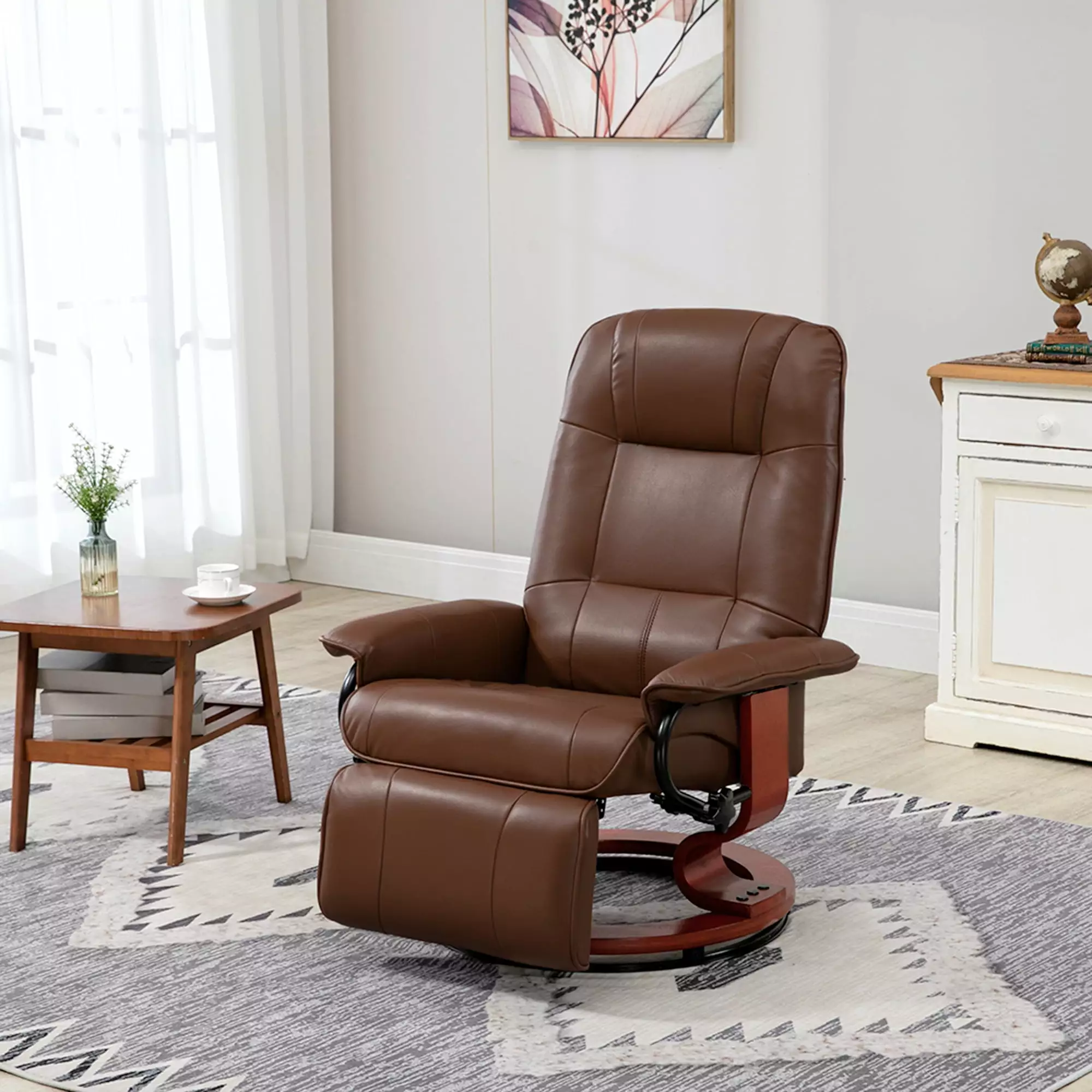 Faux Leather Manual Recliner Adjustable Swivel Lounge Chair Footrest and Wood Base Jamini