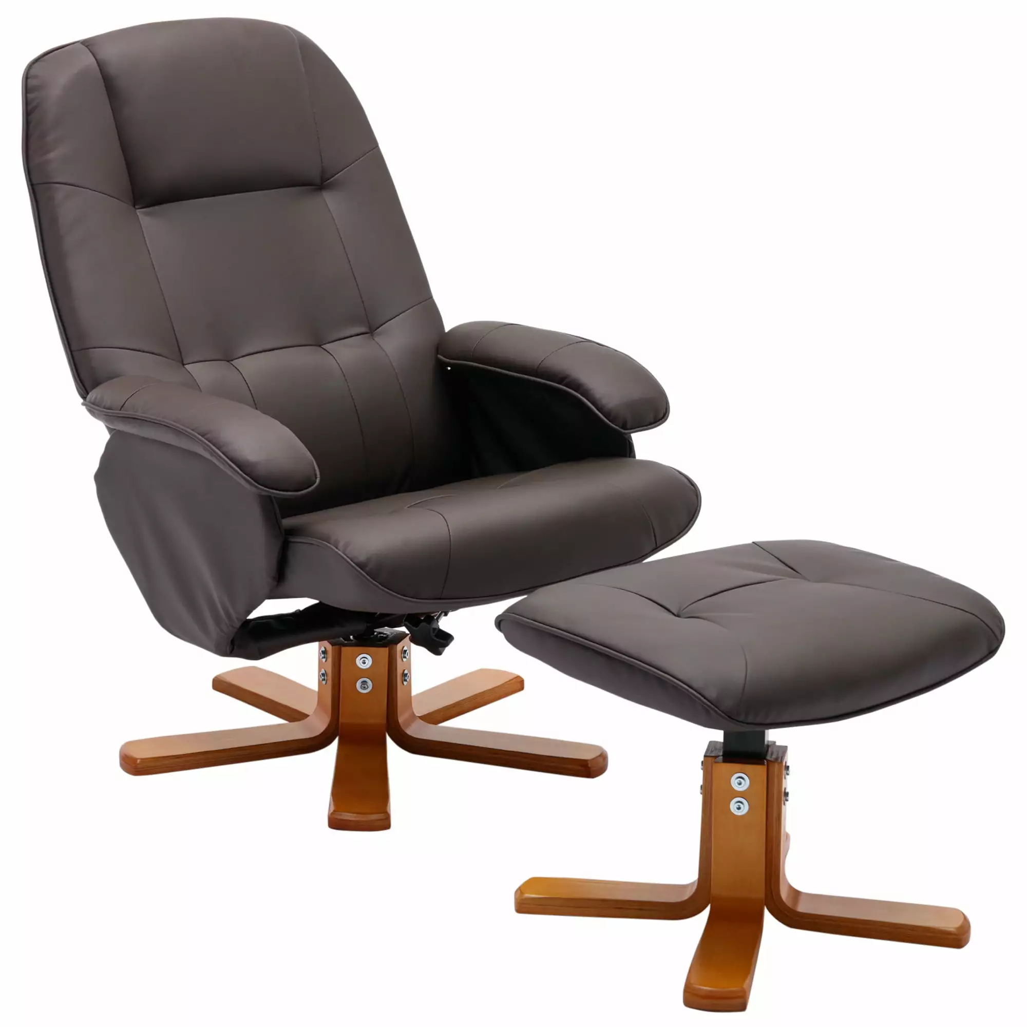 Swivel Recliner Chair Ottoman and Wood Base - Faux Leather Beige Brown Living Room Jamini