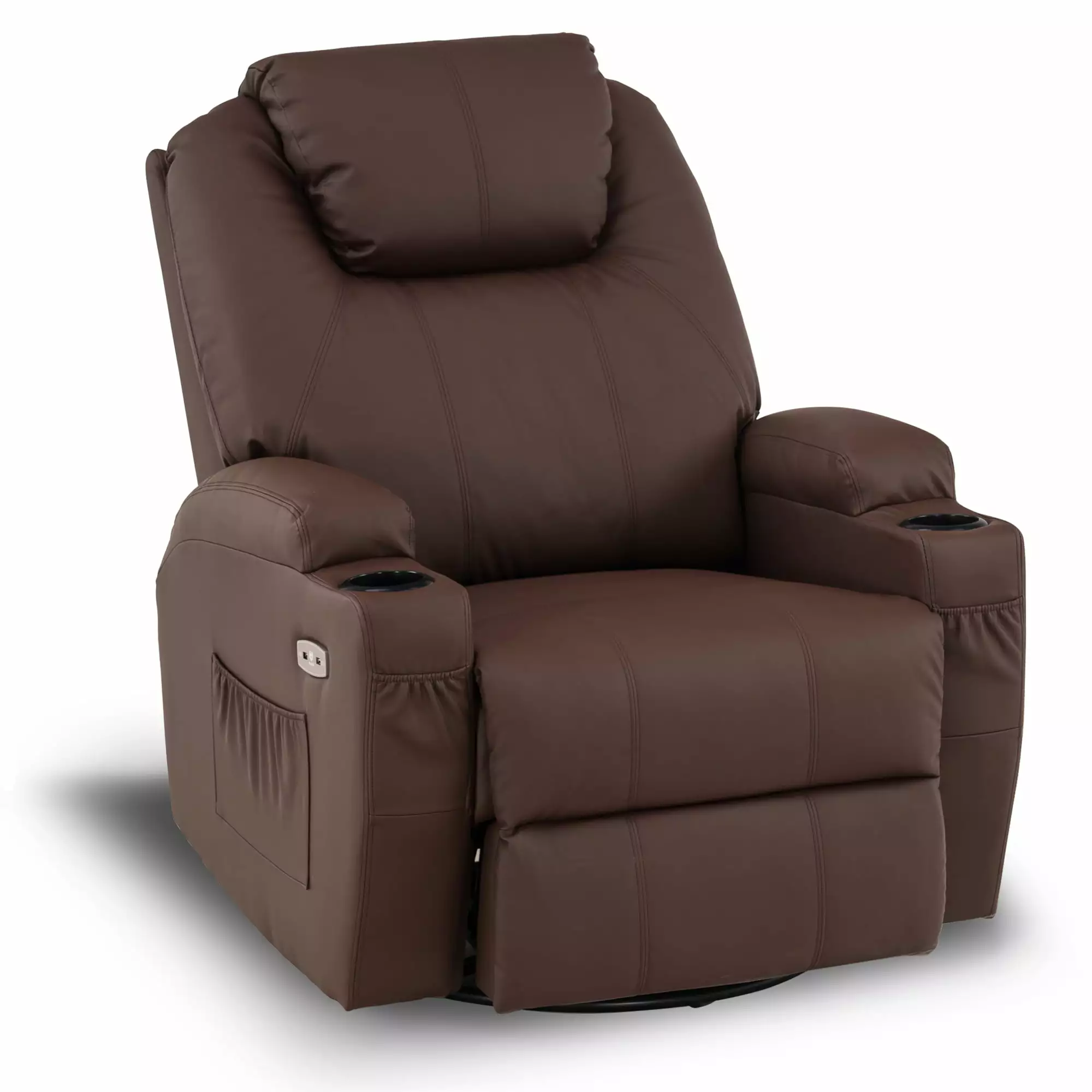 MCombo Brown Faux Leather Manual Swivel Glider Rocker Recliner Chair Massage Heat Side Pockets Cup Holders