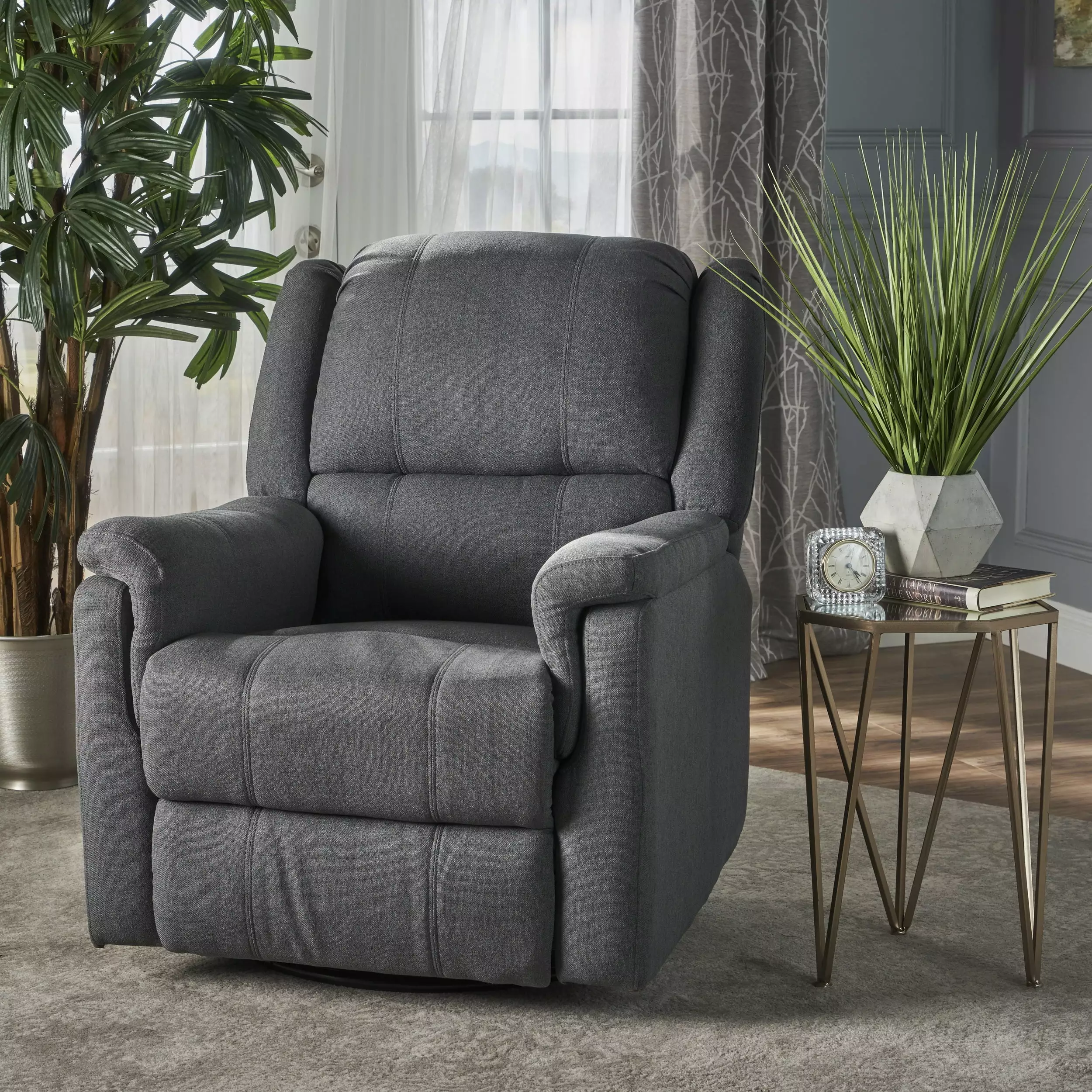 Noble House Jeffrey Standard Fabric Tufted Swivel Glider Recliner Charcoal