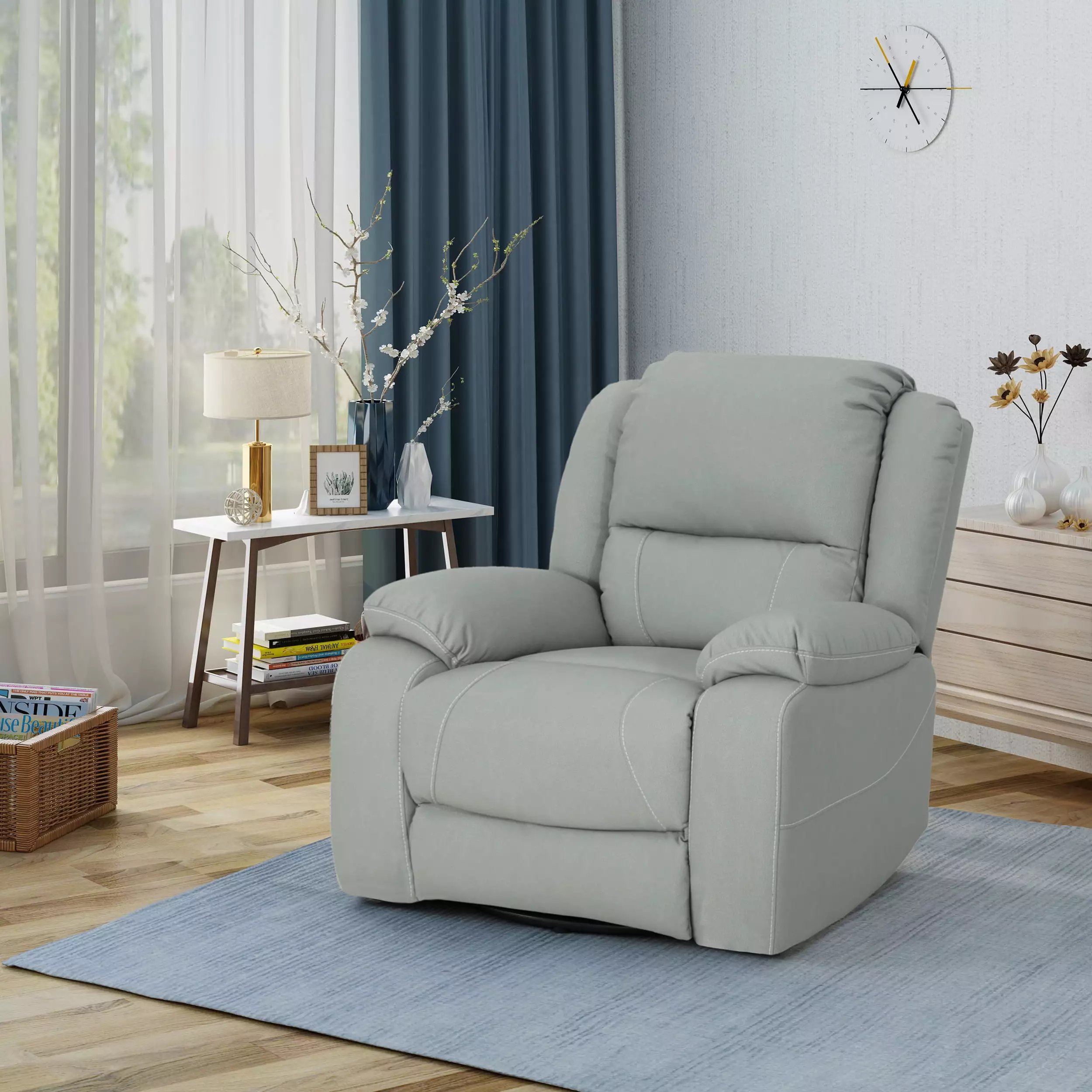 Noble House Mack Standard Tufted PU Leather Swivel Recliner Light Gray