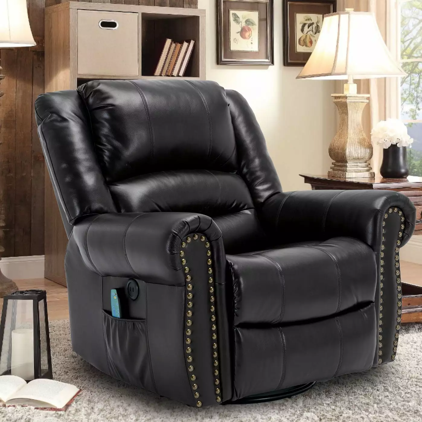 OUINCH Manual 360 Degree Swivel Glider Rocker Recliner Chair Massage Heat USB Ports Side Pockets Black