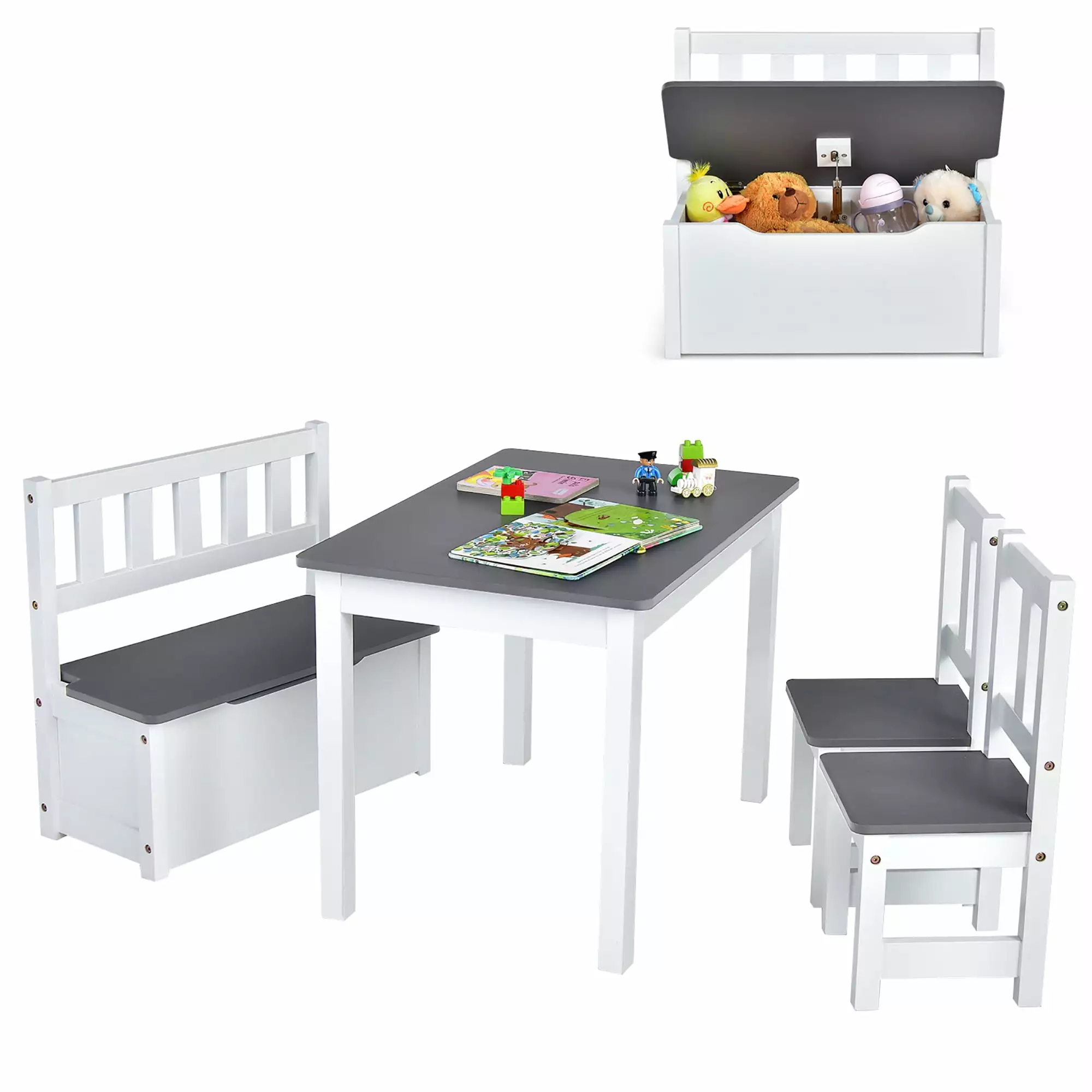 Costway 4 PCS Kids Wooden Activity Table and Chairs Set Storage Bench Grey