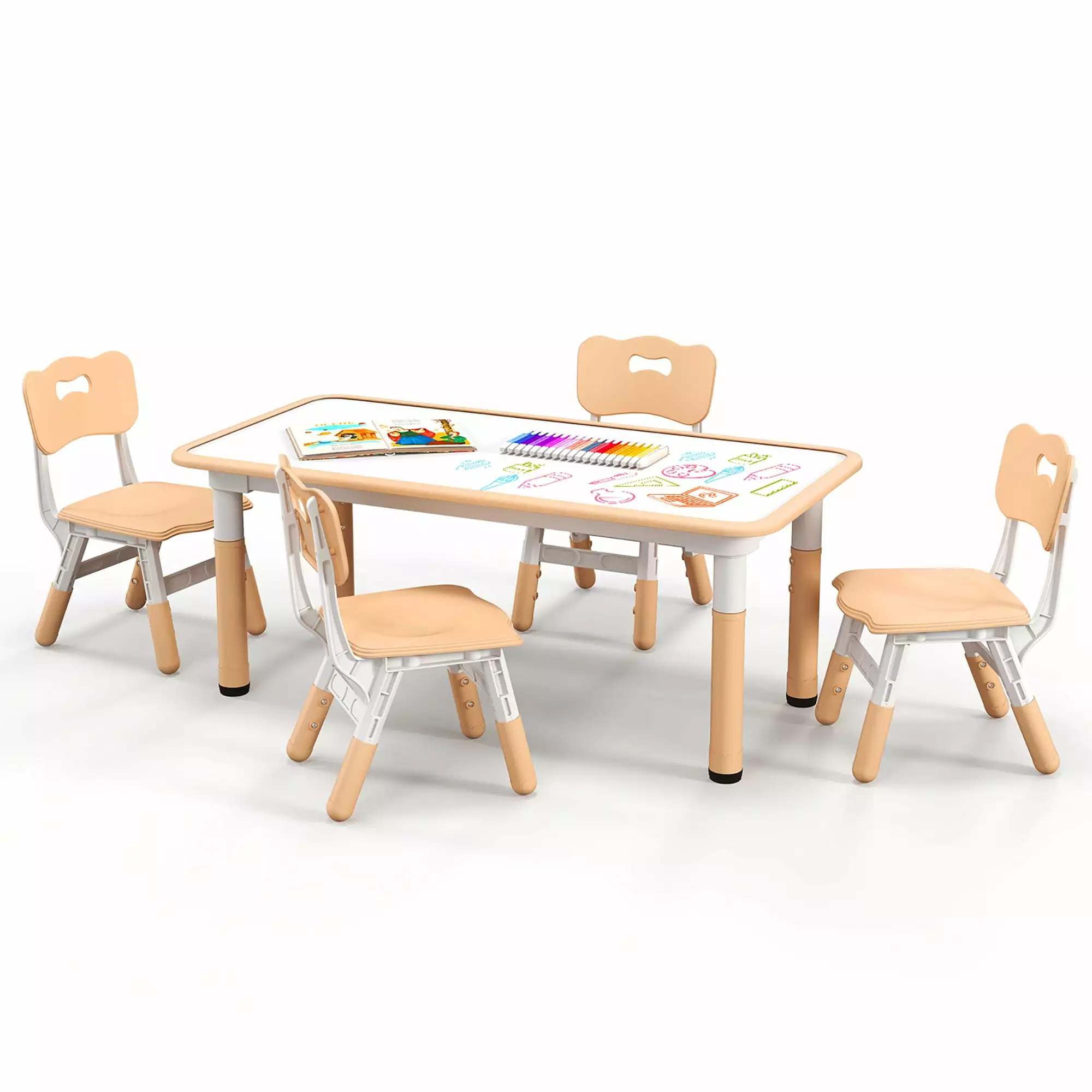 Gymax Kids Height Adjustable Table and 4 Chairs Set Graffiti Desktop Natural