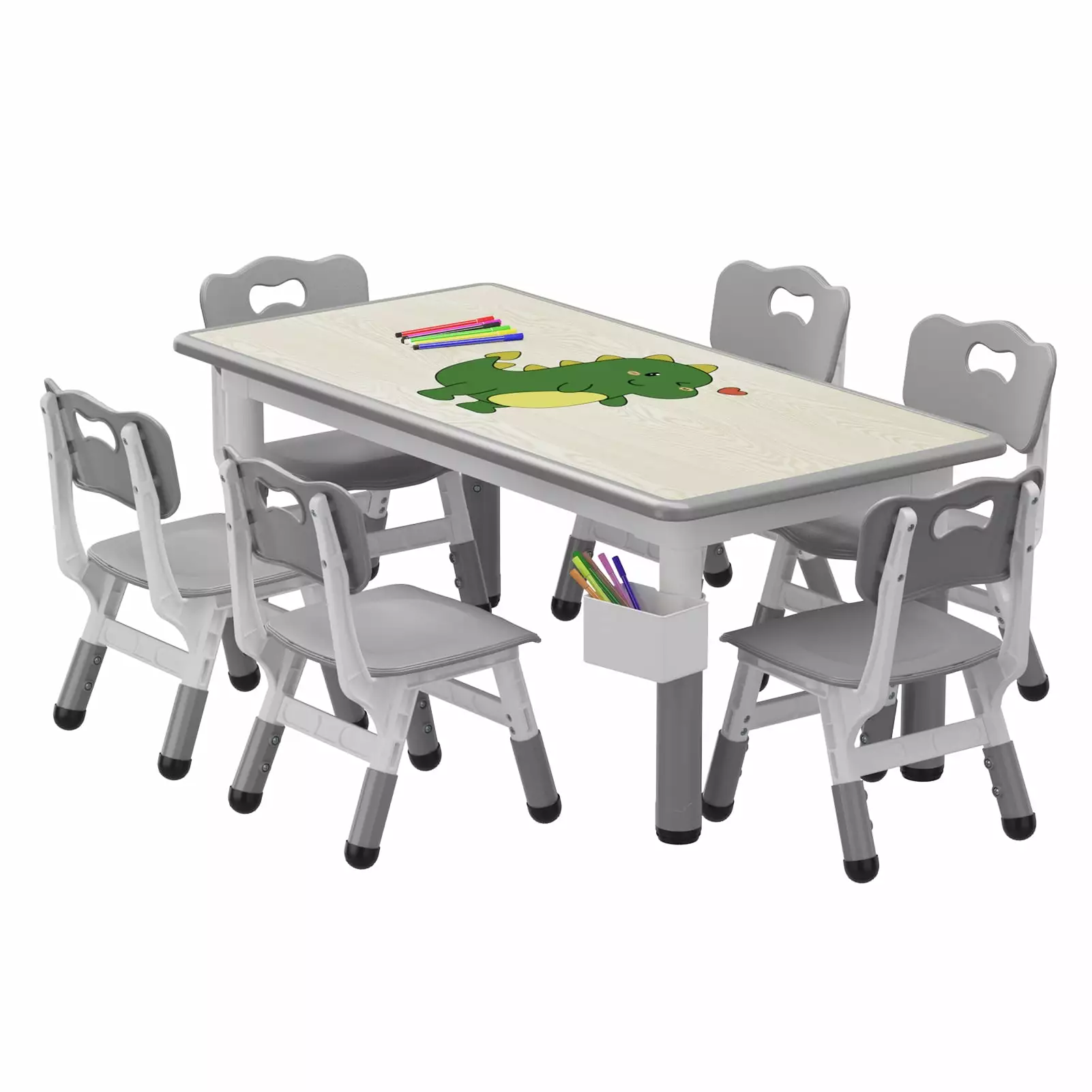 Kids Table and 6 Chairs Set Storage Box Adjustable Toddler Table Ages 2-10 Meiyiu
