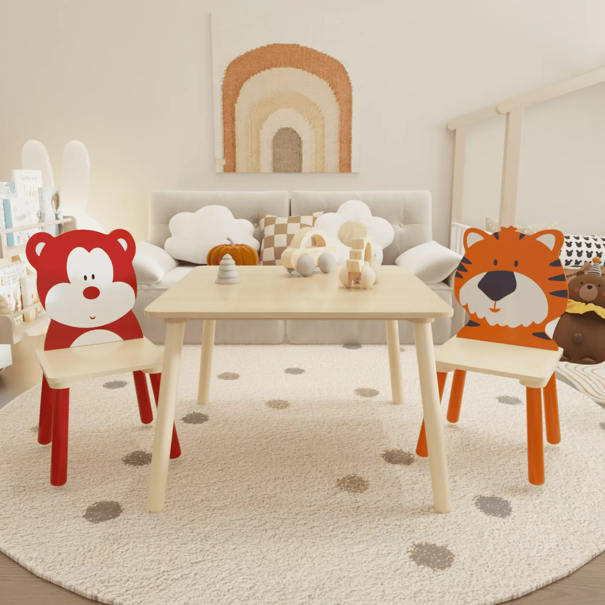 3 Pieces Cartoon Table Set Kids Seizeen Table & Chair Set Bear and Tiger Backrest Chairs