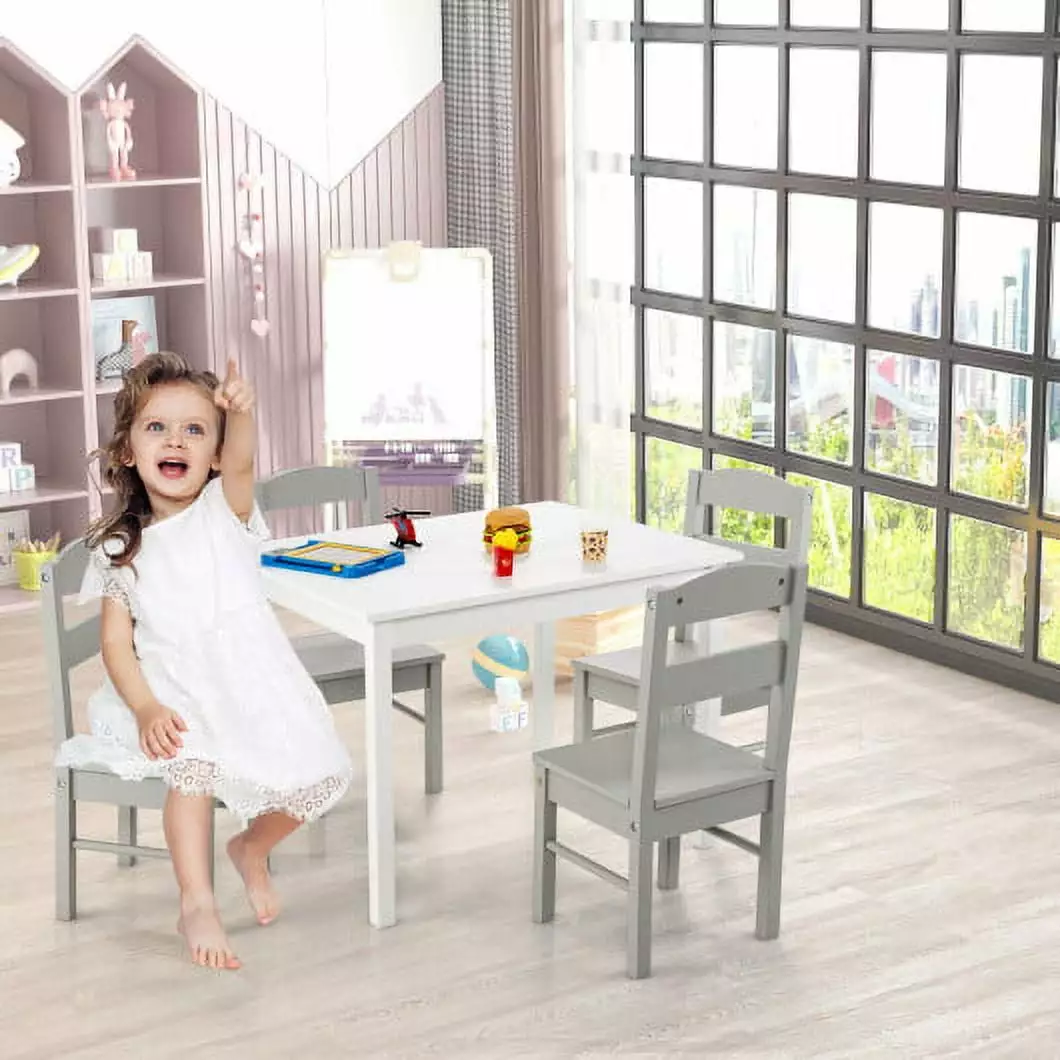 Wooden Children Activity Playroom Furniture Gift White Kids 5 Pieces Table and Chair Set CostwayINC