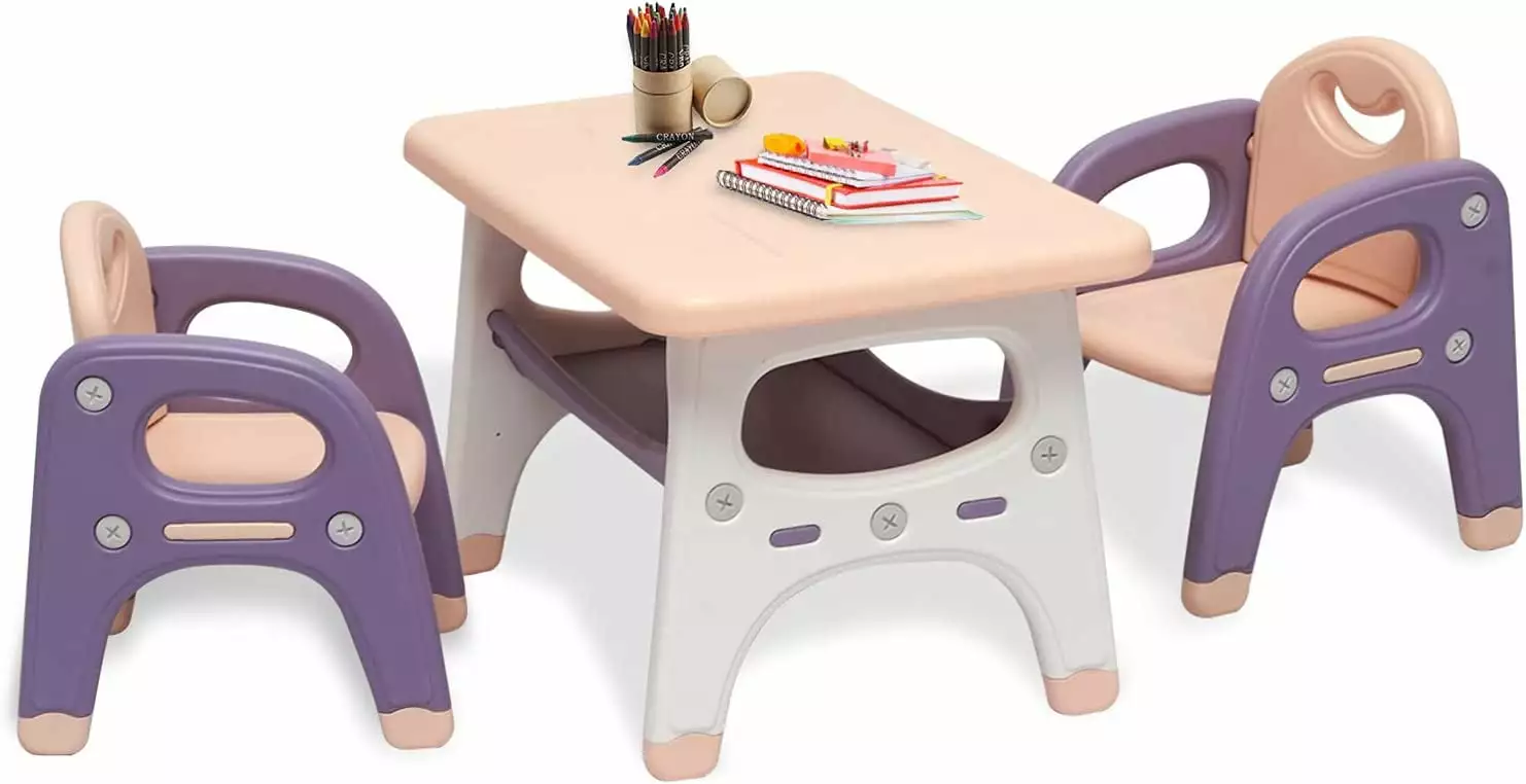 Kinbor Kids Table and Chair Set Toddler Activity Table Storage Shelf Purple