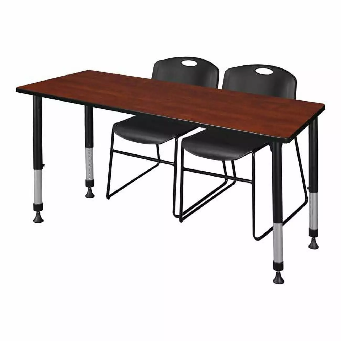 Regency Kee 60 x 24 Height Adjustable Classroom Table 2 Zeng Stack Chairs Cherry Black