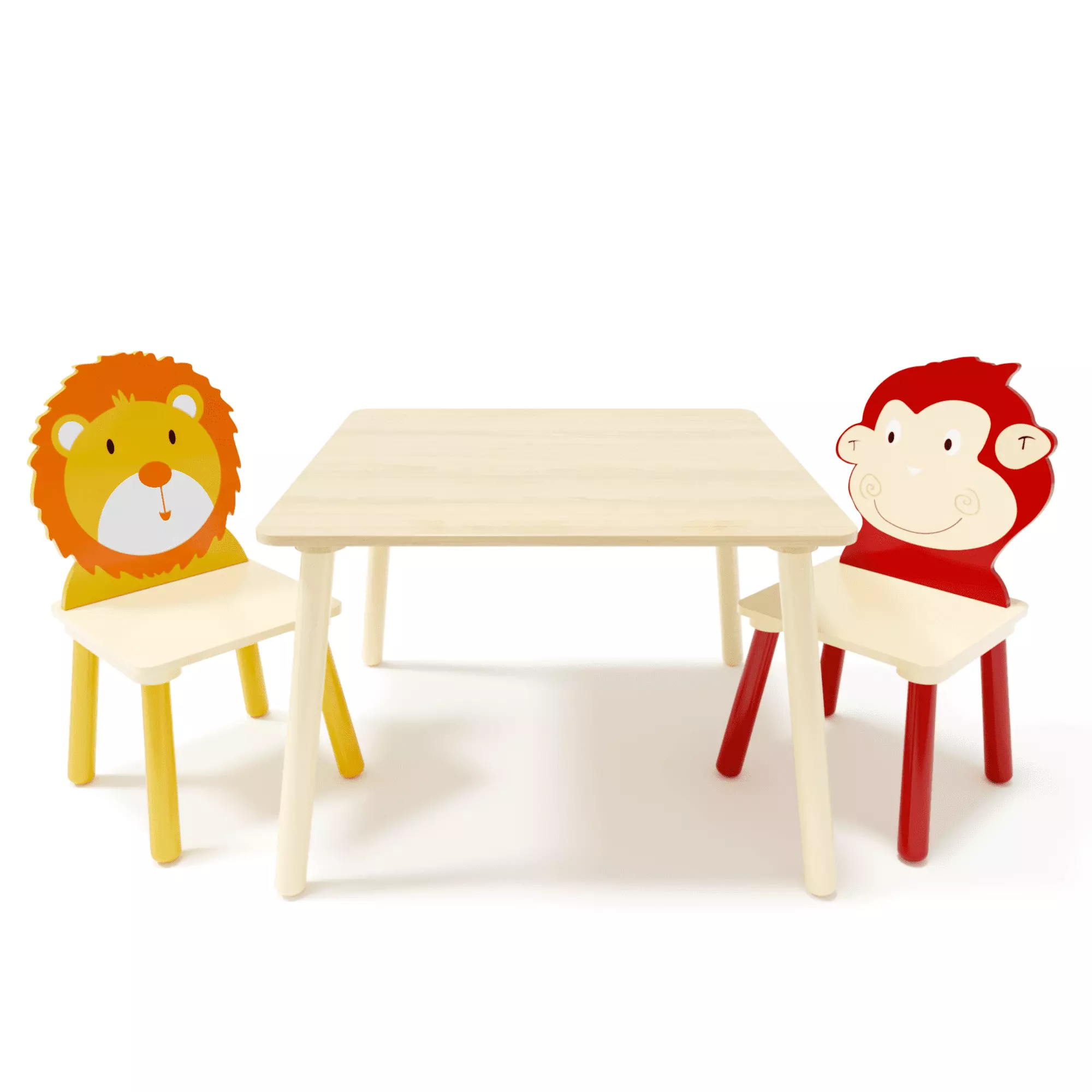Tansole 3 Piece Wood Table and Chair Set Toddlers 2 Animal Chairs Water Resistant Table Monkey Lion Design