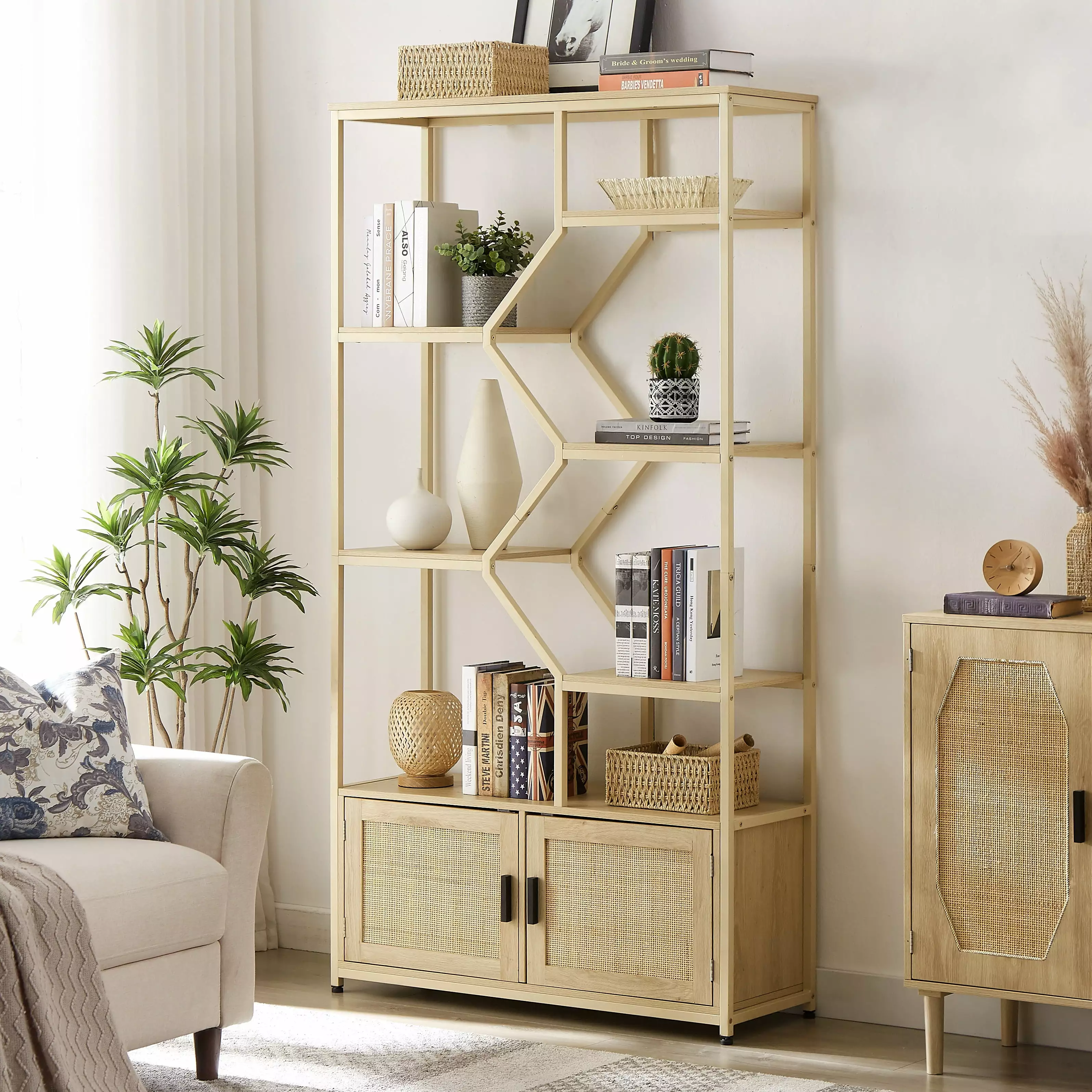 Paproos Natural Bookshelf 2 Cabinets 7-Tier Tall Bookcase Rattan Door
