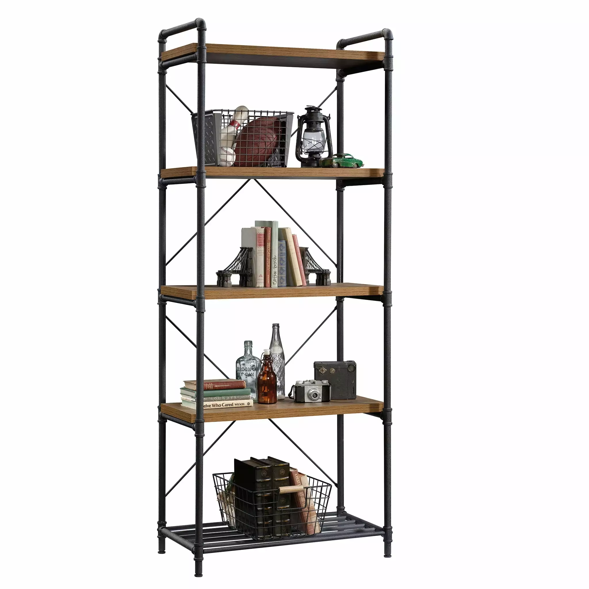 Sauder Iron City Tall Bookcase Checked Oak Finish Classic Home Office Bookshelf