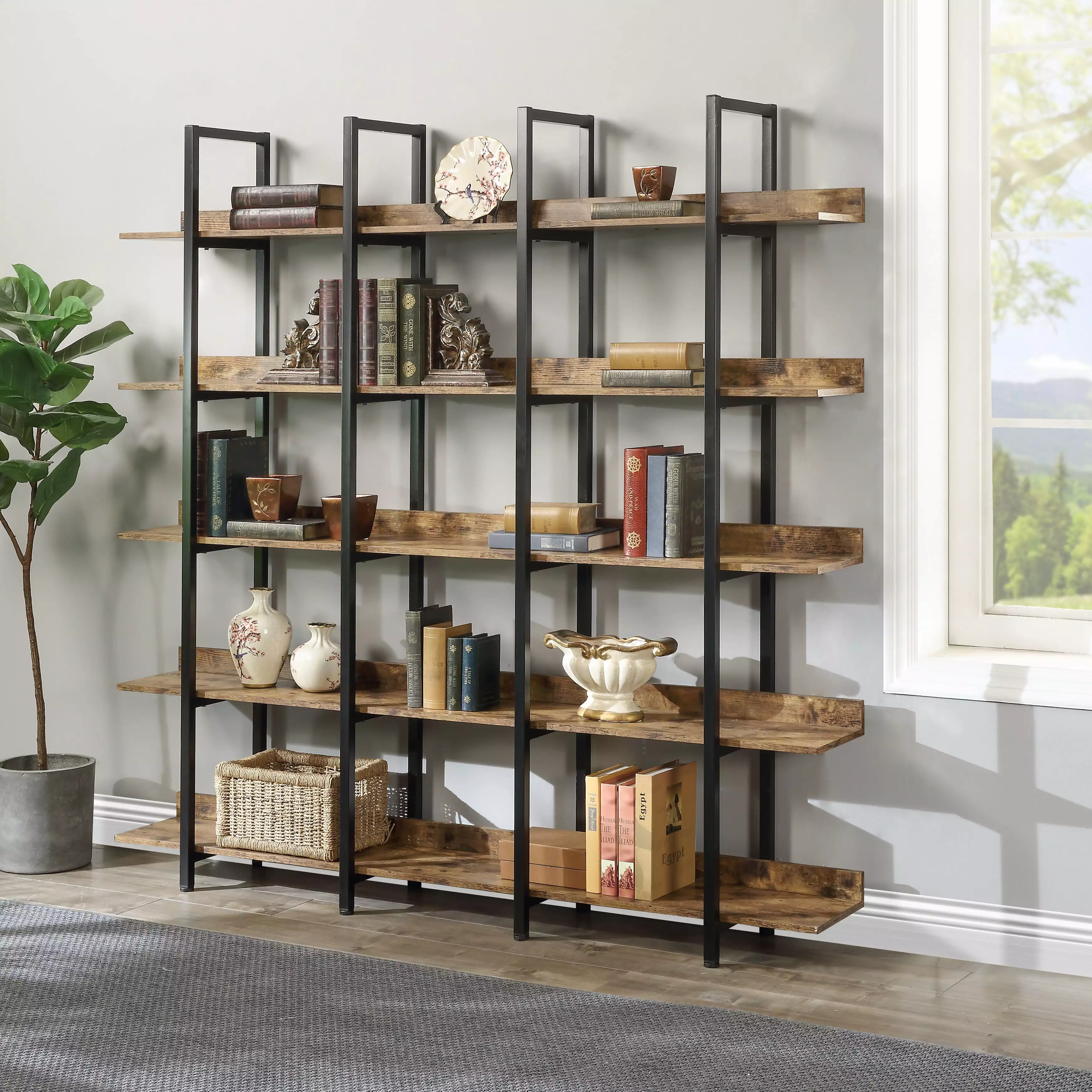 SESSLIFE 5-Shelf Tall Bookcase Home Office Open Bookshelf 70 Inches Storage Rack Brown Wood Black Metal Frame