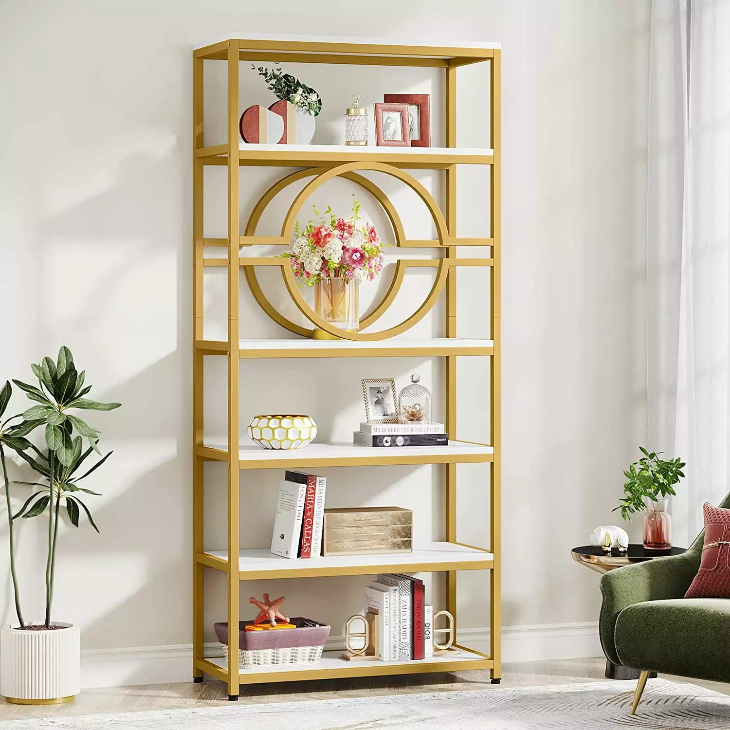 Modern Gold Bookshelf 5-Tier Tall Bookcase Home Office Storage Shelf Tribesigns