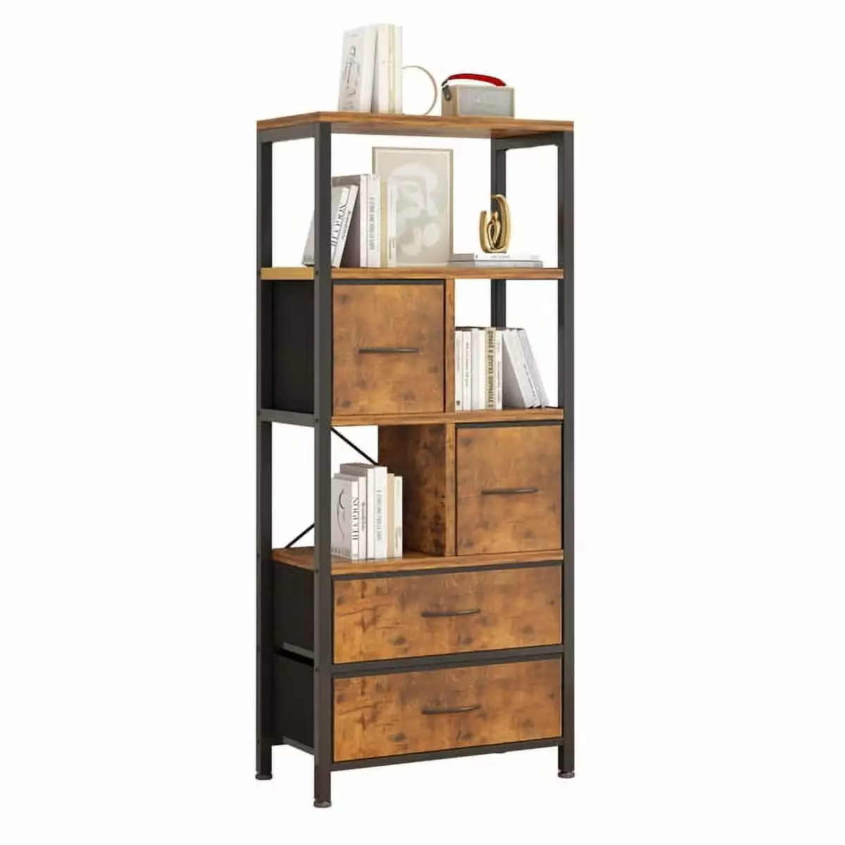 Bookshelf 4 Drawers Iron Parts Black Wood Grain Storage Box 5 Tier Tall Book Shelf Book Case Home & Office Rustic Brown MJK