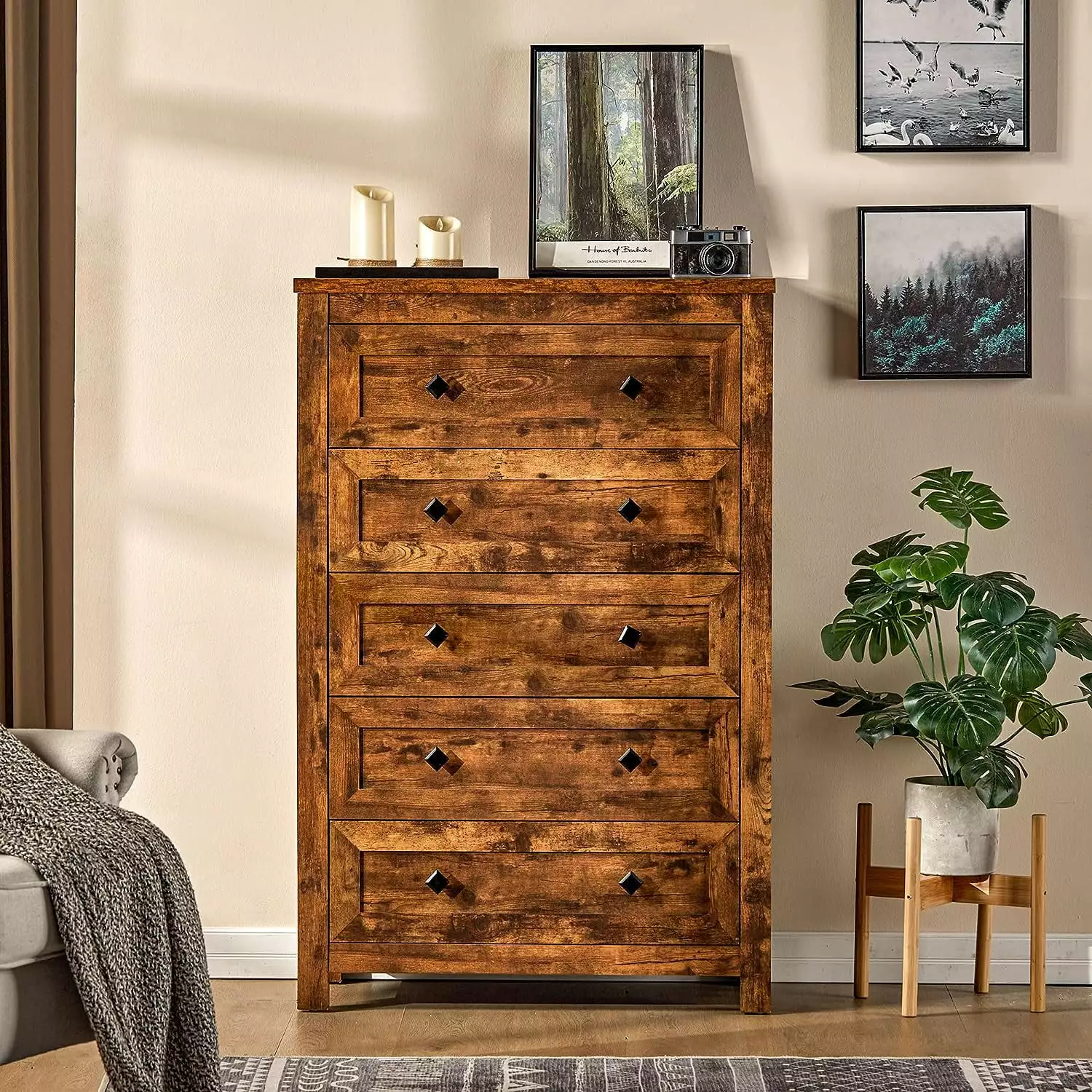 Amerlife Rustic Brown 5 Drawer Tall Wood Dresser Bedroom