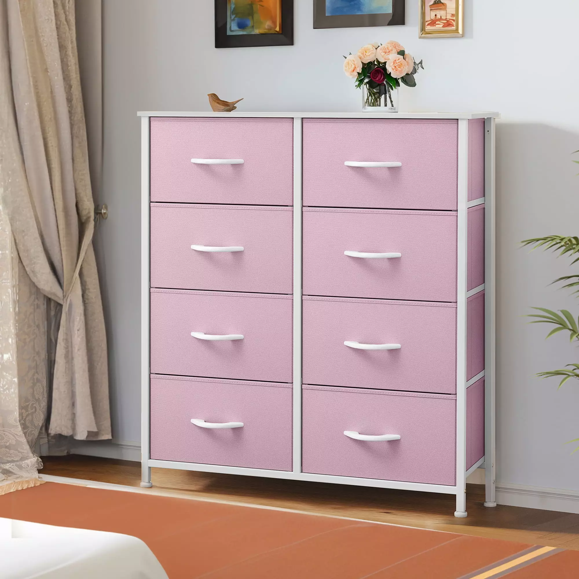 Dextrus 8-Drawer Tall Fabric Dresser Bedroom Closet Living Room Storage Pink