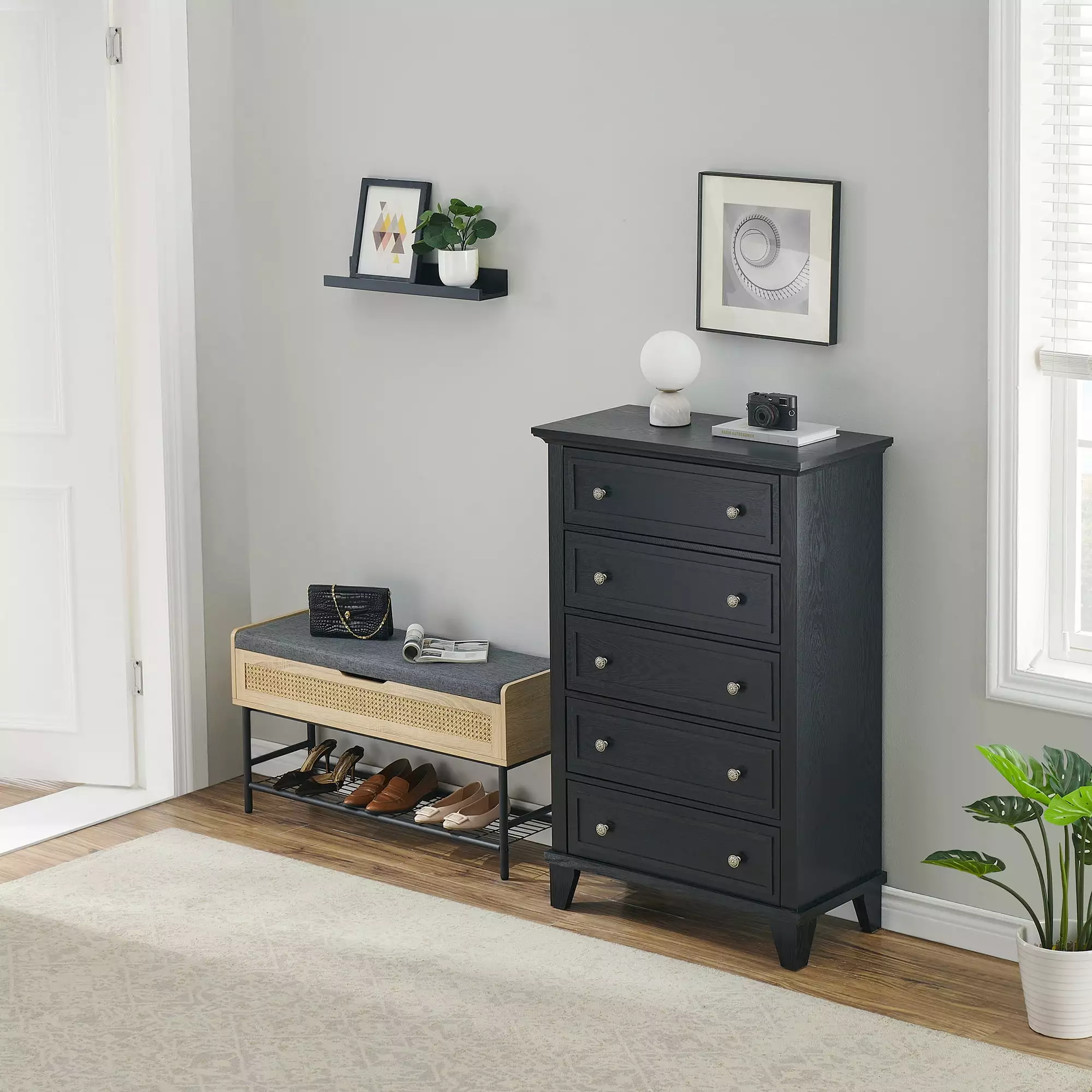EastVita 5 Drawer Tall Dresser Modern Farmhouse Wood Chest Bedroom Closet