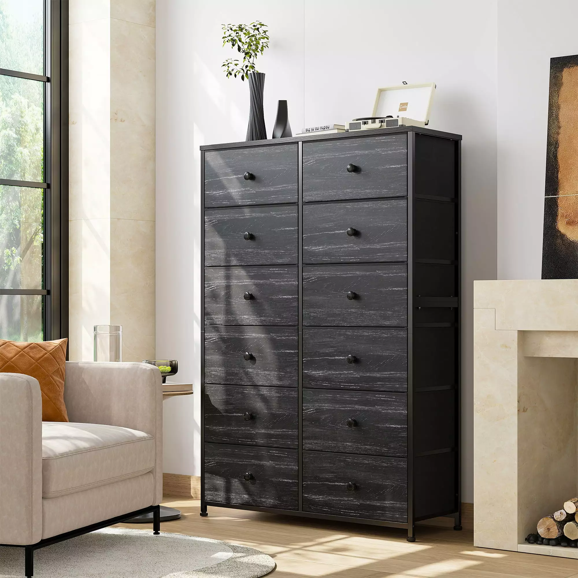 EnHomee Black Tall Dresser Bedroom - 12 Drawer Fabric Chest Drawers, Modern Storage Tower Unit Closet or Living Room