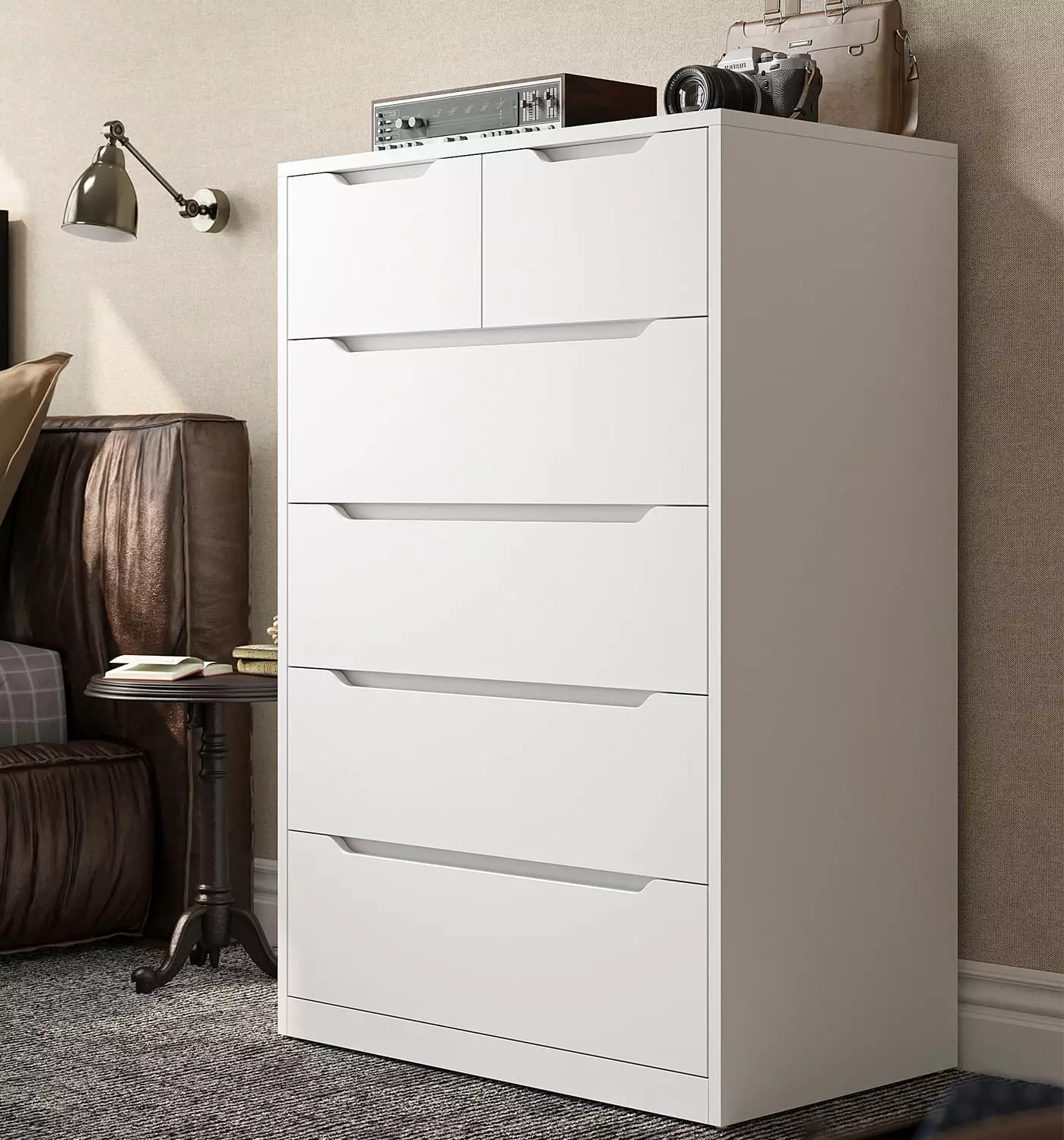 EnHomee Modern White 6-Drawer Tall Dresser Smooth Metal Rail Bedroom and Closet