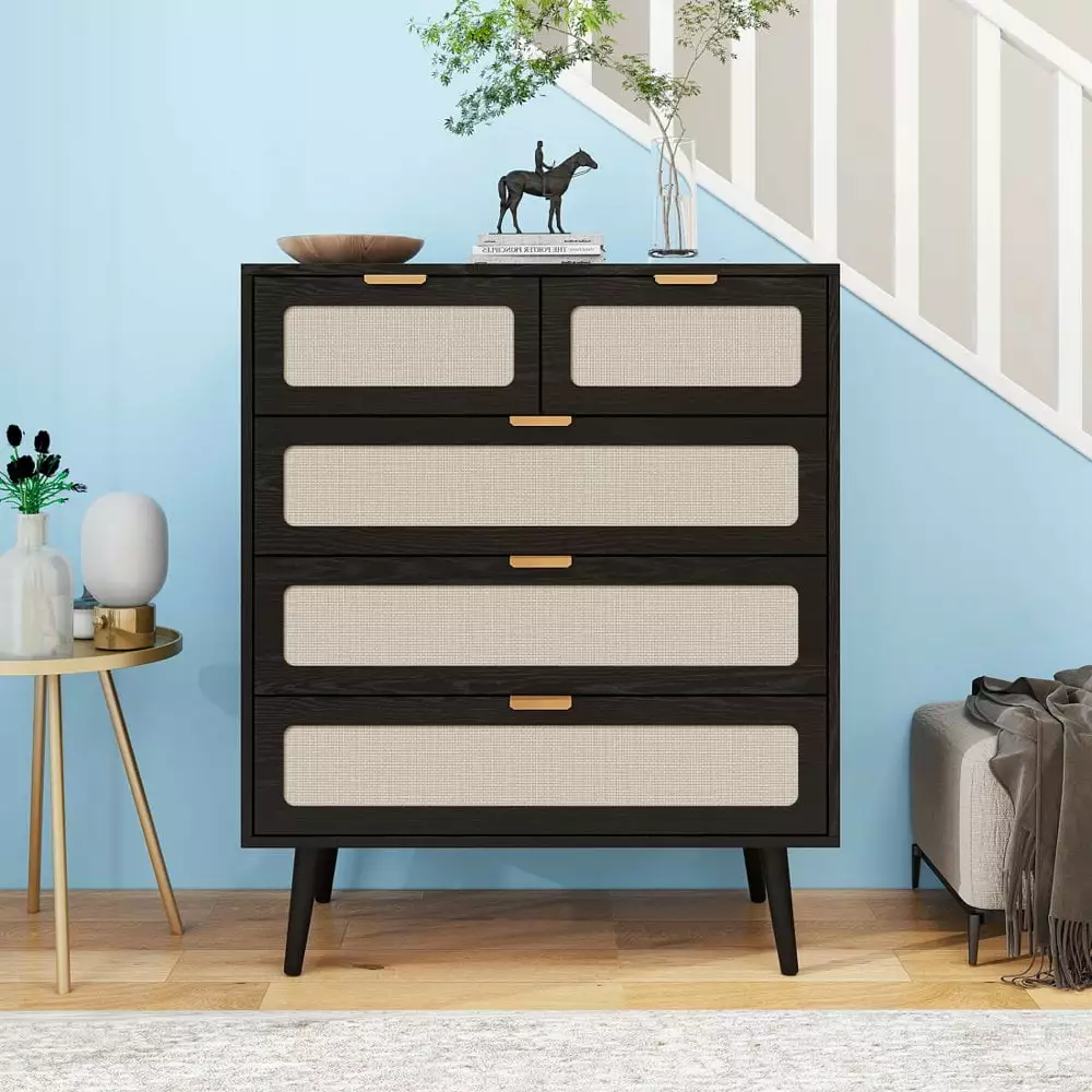 Hassch 5 Drawer Wood Dresser Tall Chest Drawers Storage Unit Bedroom