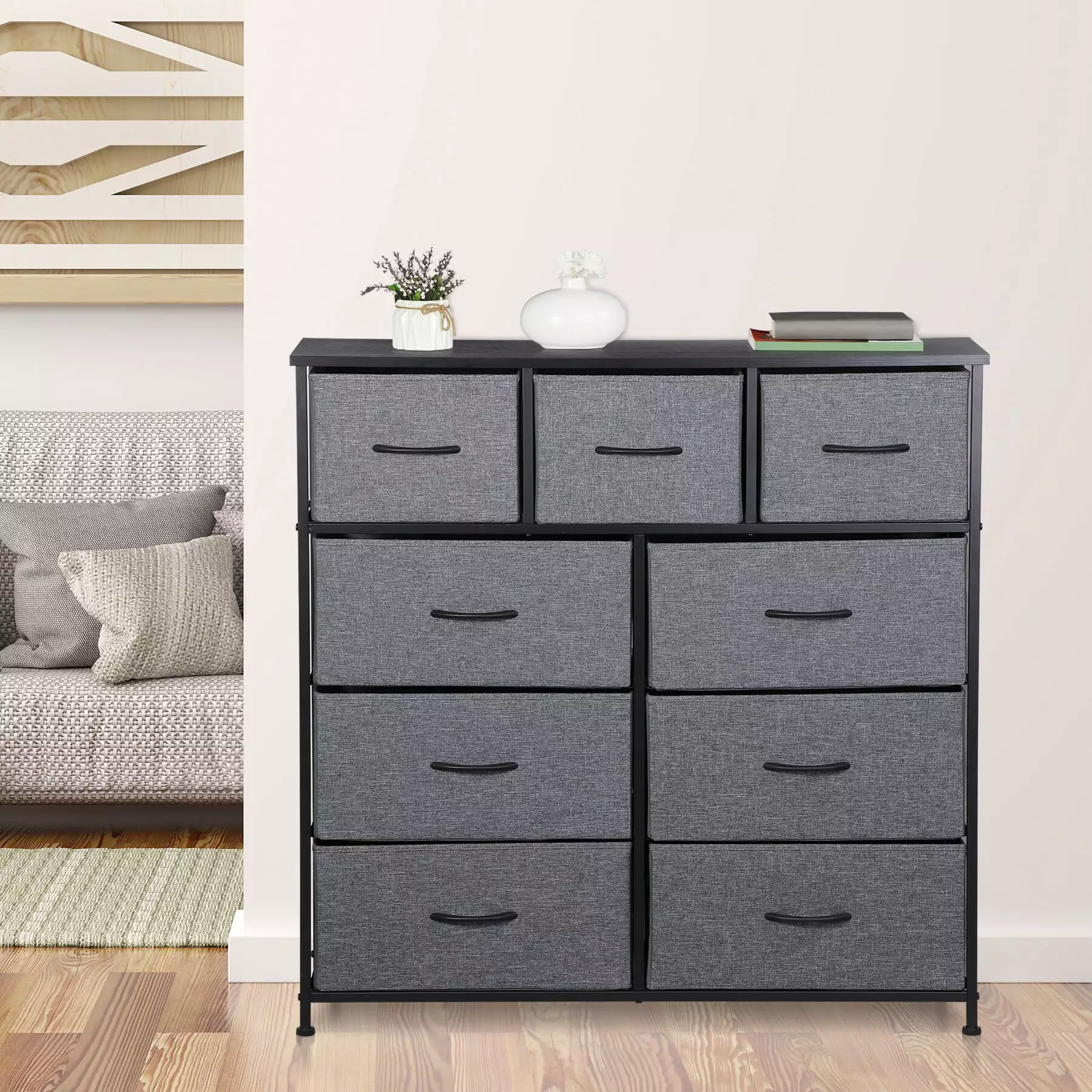 HomGarden 9-Drawer Tall Storage Dresser Chest Fabric Arranger Adult Home Furniture Gray