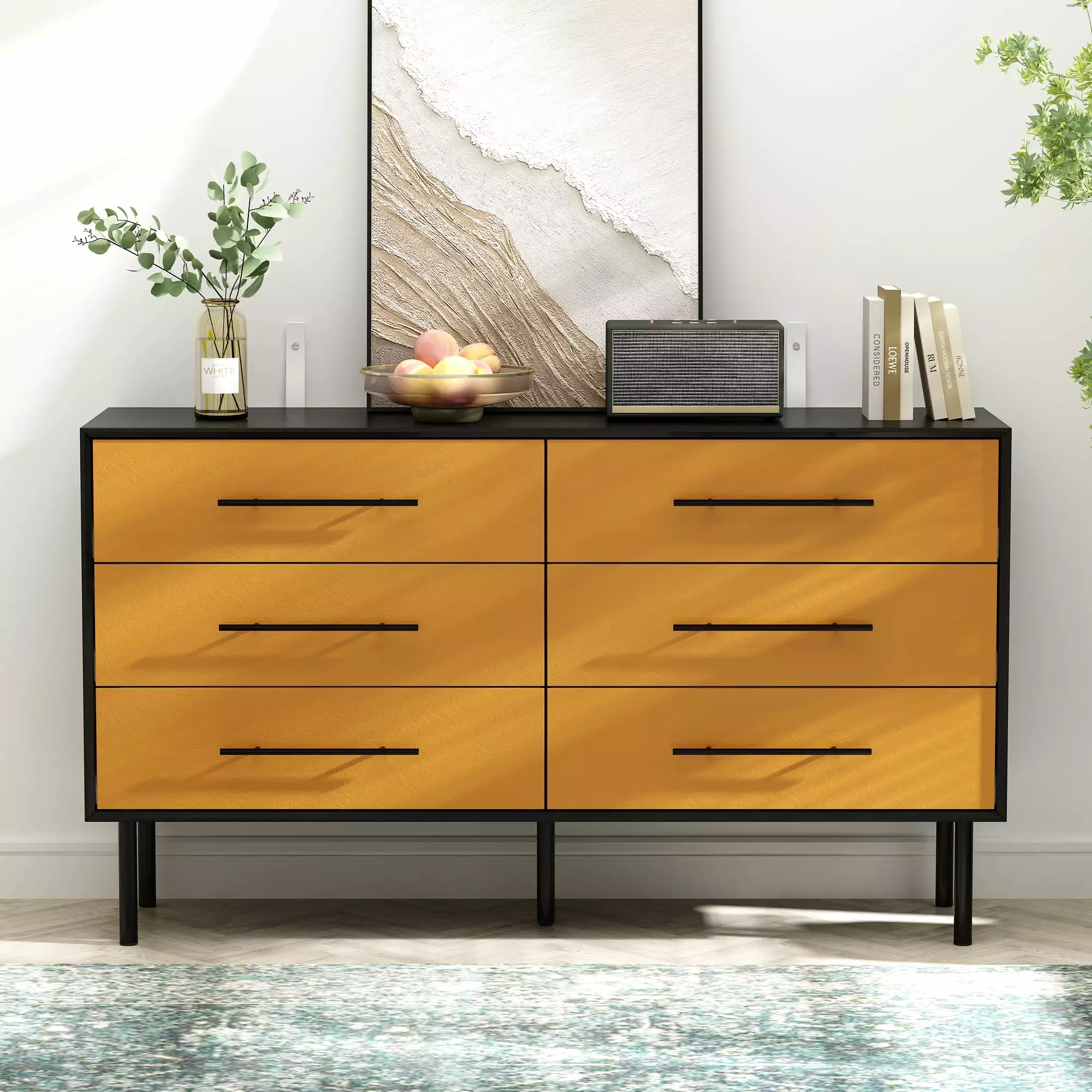 OXYLIFE 55 Inch 6 Drawer Wooden Double Dresser Living Room Orange Black MDF