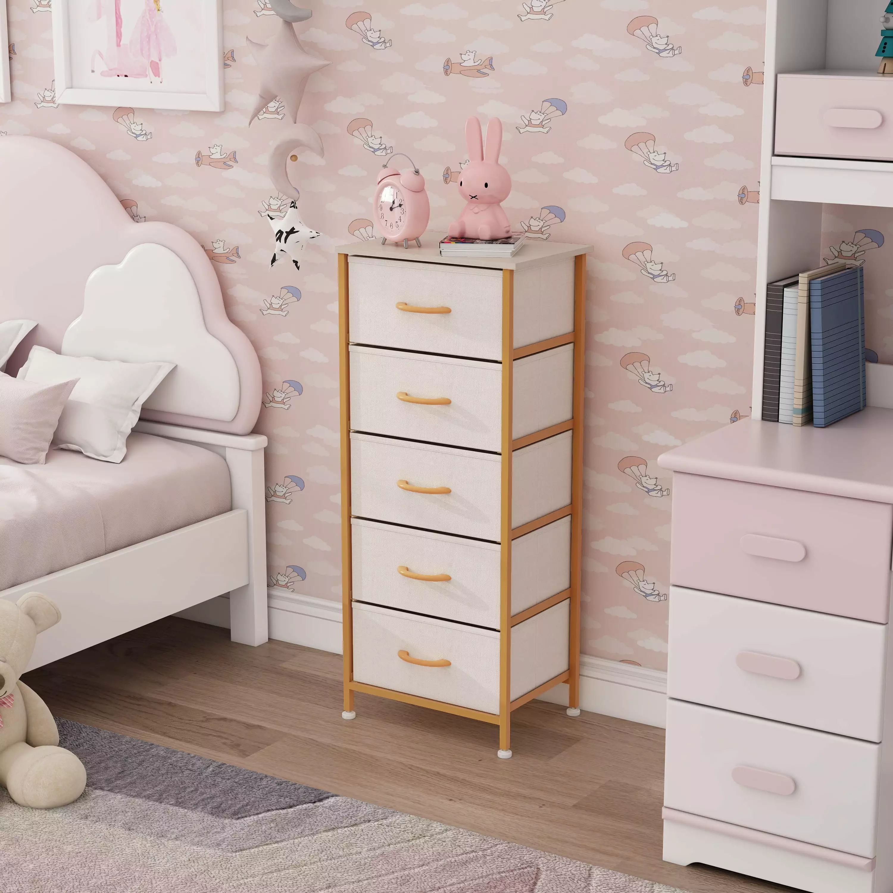 Prime Garden 5 Drawers Tall Dresser Kids Room Storage Chest Gold