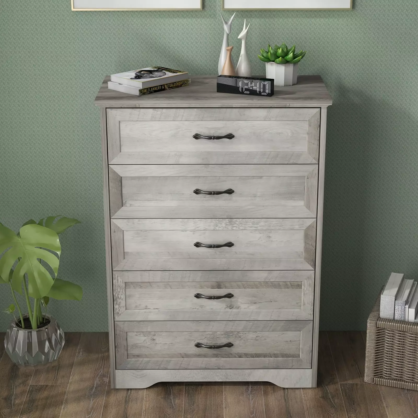 Tall Wood Dresser Bedroom 5 Drawers Chest Drawers Closet Living Room Hallway Grey Wpond
