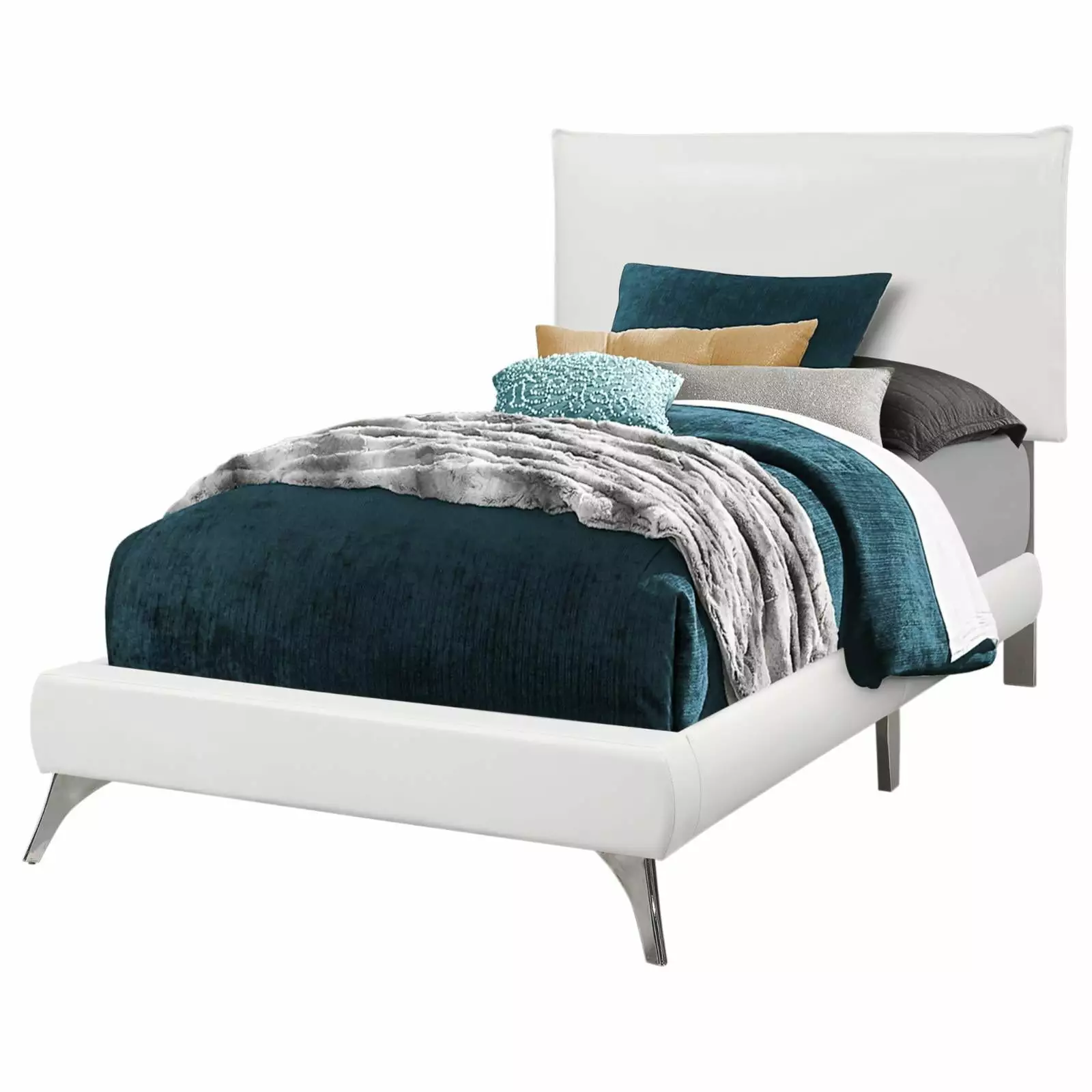 Bed Twin Size Platform Teen Frame Upholstered Pu Leather Look White Monarch