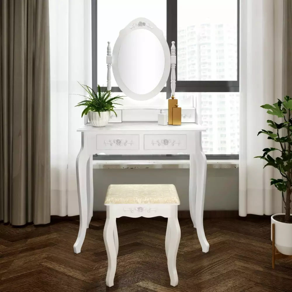 White Vanity Table Teen Girls Cushioned Stool 4-Drawer 360-Degree Rotation Removable Top Single Mirror S9184 Segmart