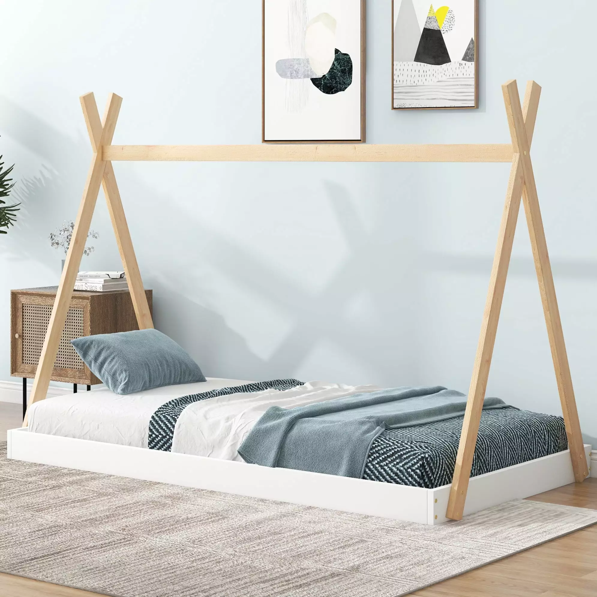 Twin Size Tent Floor Bed Frame Triangle Structure Teepee Platform Bed Kids Montessori Floor Bed Toddlers Girls Boys No Box...